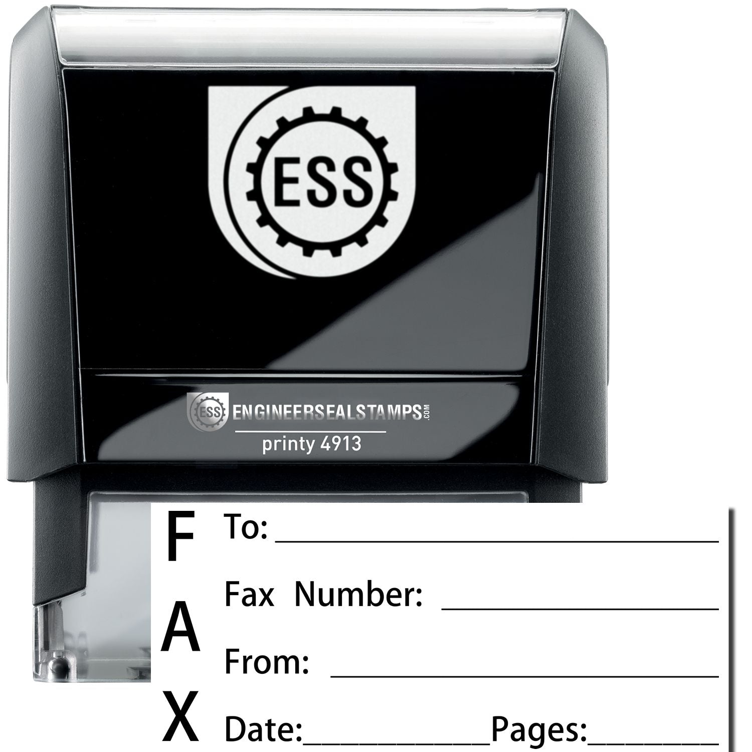 A self-inking stamp with a stamped image showing how the text FAX vertically is displayed by it. It also displays a small form beside it in which the details like Fax To, Fax Number, Fax From, Date, and Pages can be mentioned.