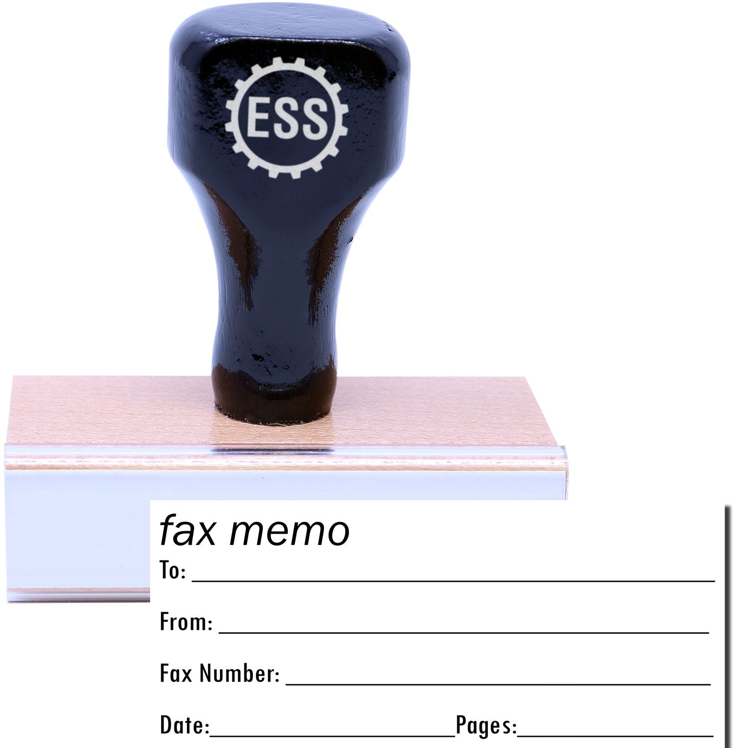 A stock office rubber stamp with a stamped image showing how the text fax memo with a space for writing the name of the person to whom the fax is being sent (To:_), the name of the sender (From:_), Fax Number:_ , Date:_ , and the number of pages include (Pages:_) are displayed under the text after stamping.