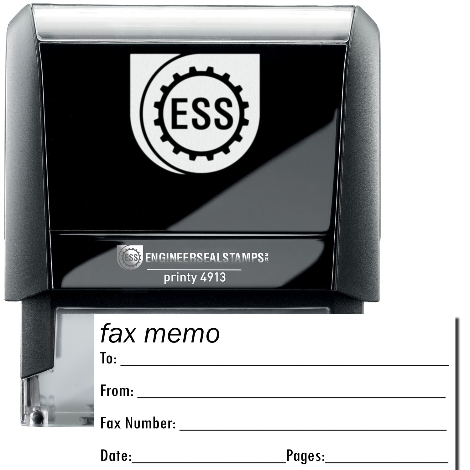 A self-inking stamp with a stamped image showing how the text fax memo horizontally is displayed by it. It also displays a small form under it in which the details like Fax To, Fax Number, Fax From, Date, and Pages can be mentioned.