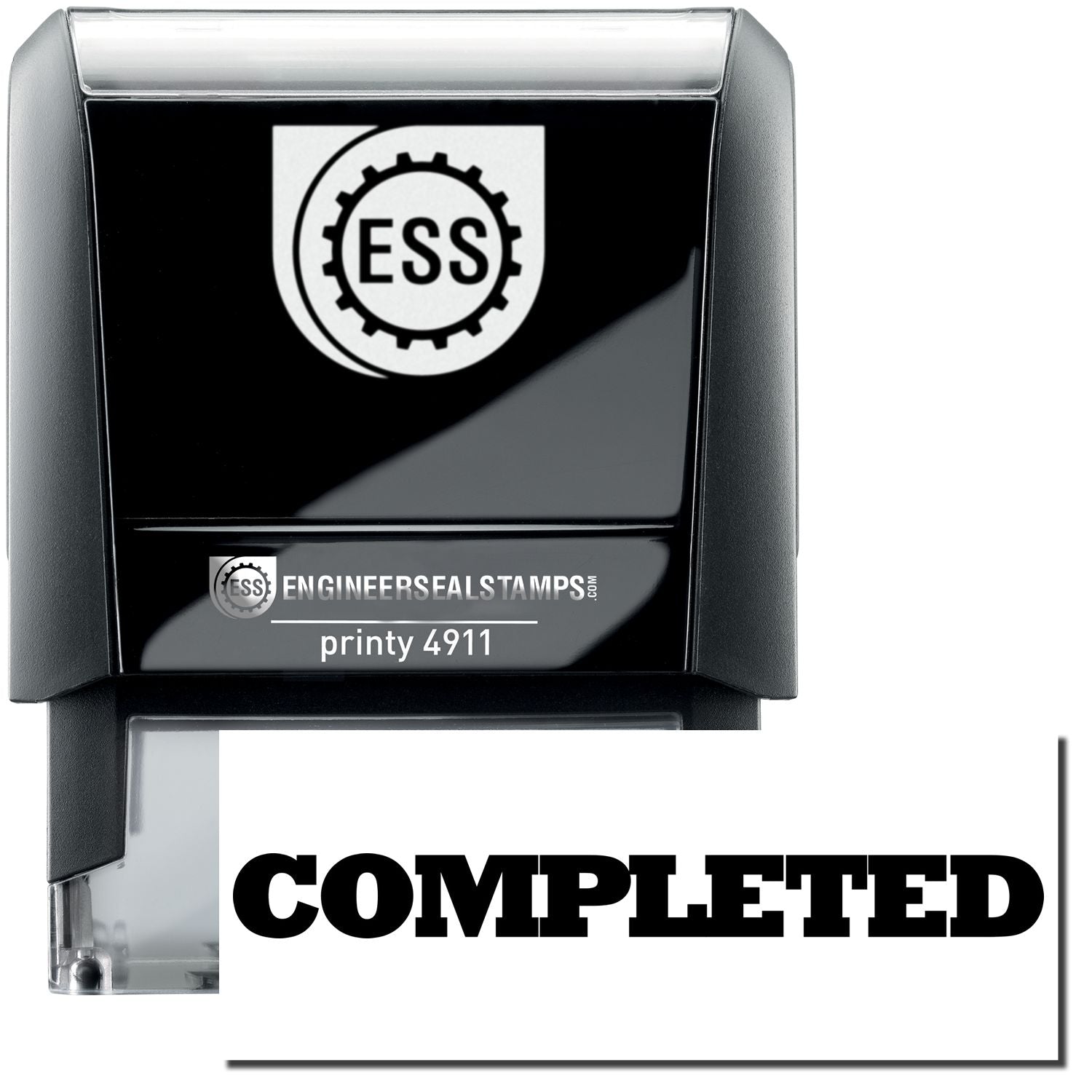 A self-inking stamp with a stamped image showing how the text COMPLETED in bold font is displayed after stamping.