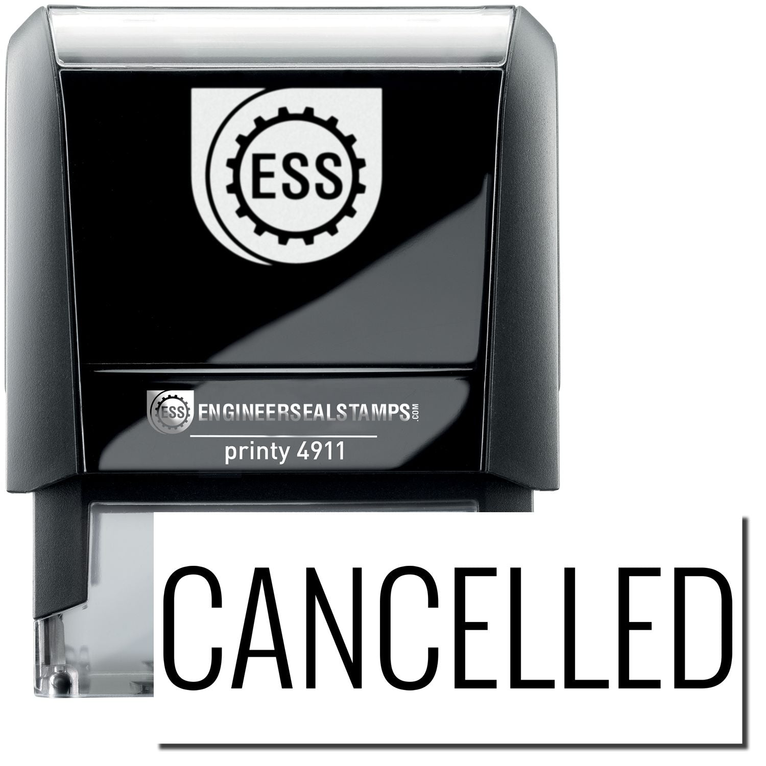 Self Inking Narrow Font Cancelled Stamp by ESS, featuring a black and white design with the word CANCELLED in bold narrow font.