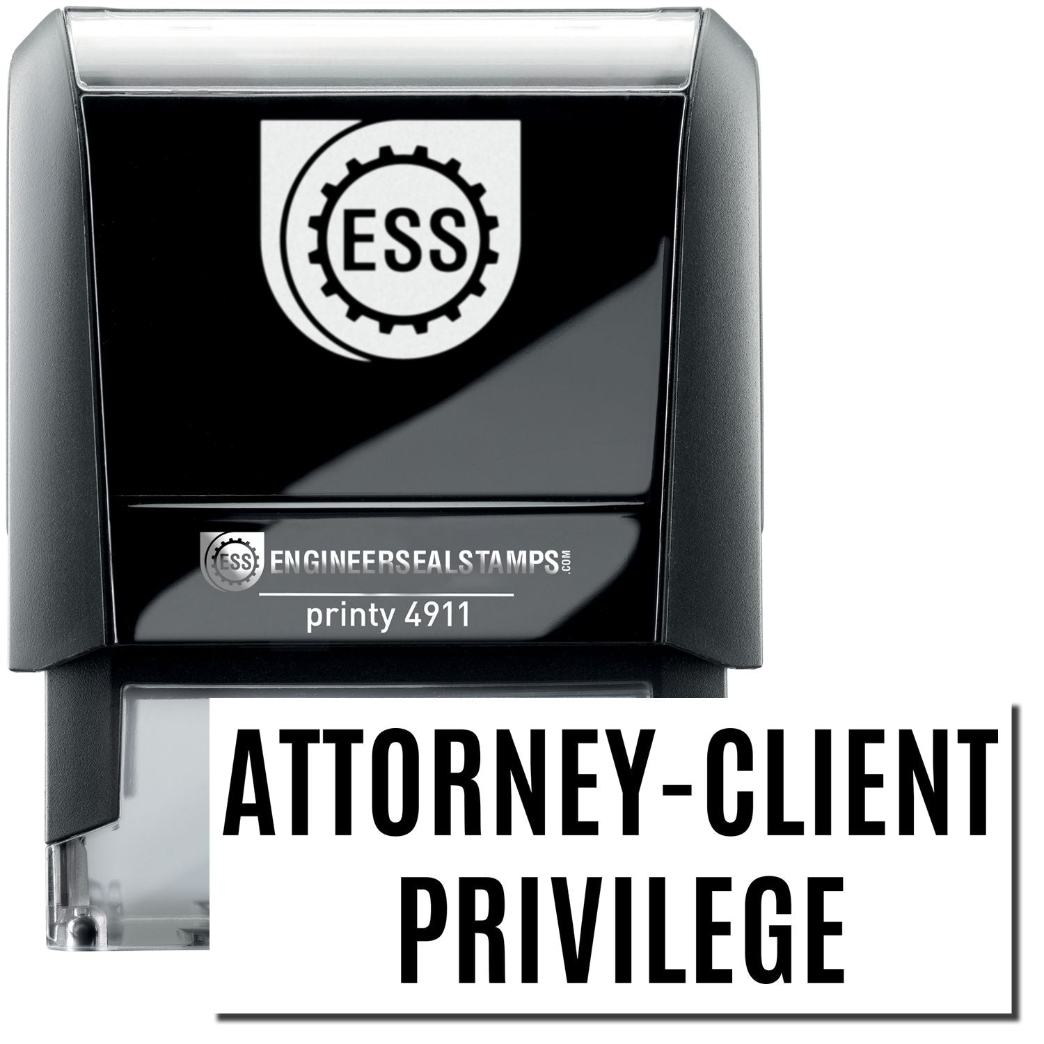 A self-inking stamp with a stamped image showing how the text ATTORNEY-CLIENT PRIVILEGE is displayed after stamping.