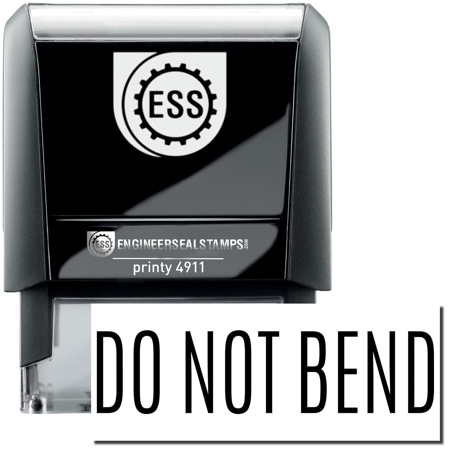 A self-inking stamp with a stamped image showing how the text DO NOT BEND is displayed after stamping.