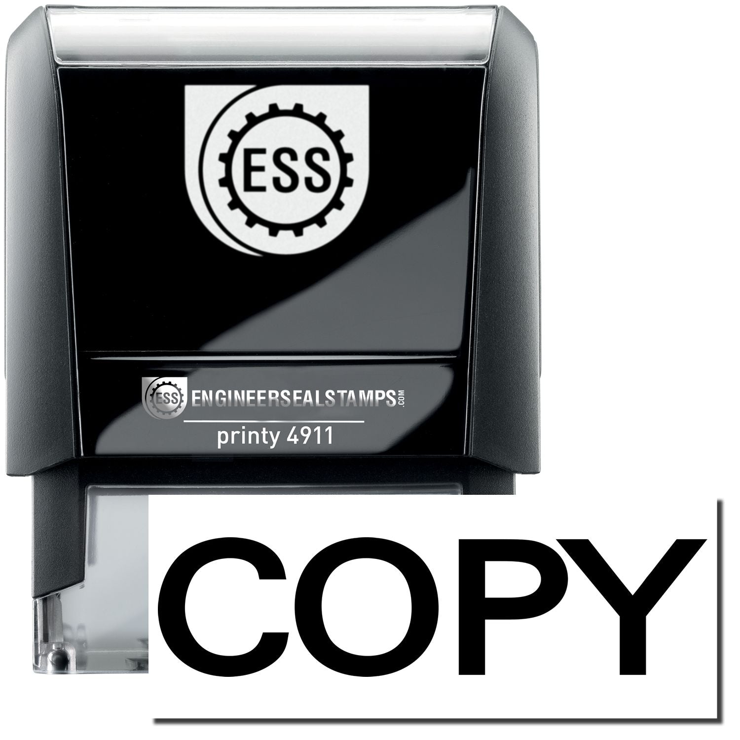 A self-inking stamp with a stamped image showing how the text COPY in bold font is displayed after stamping.