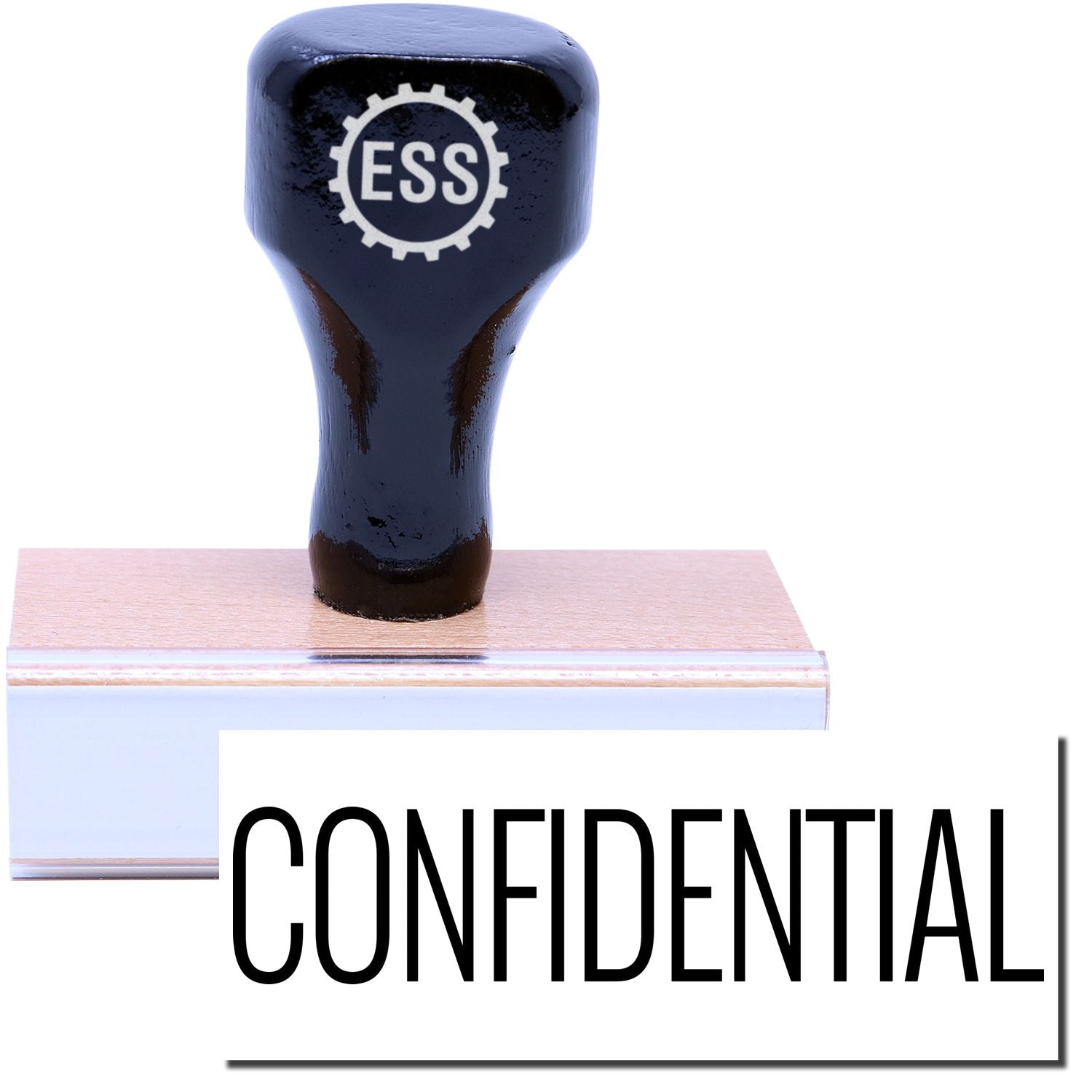 A stock office rubber stamp with a stamped image showing how the text "CONFIDENTIAL" in a narrow font is displayed after stamping.