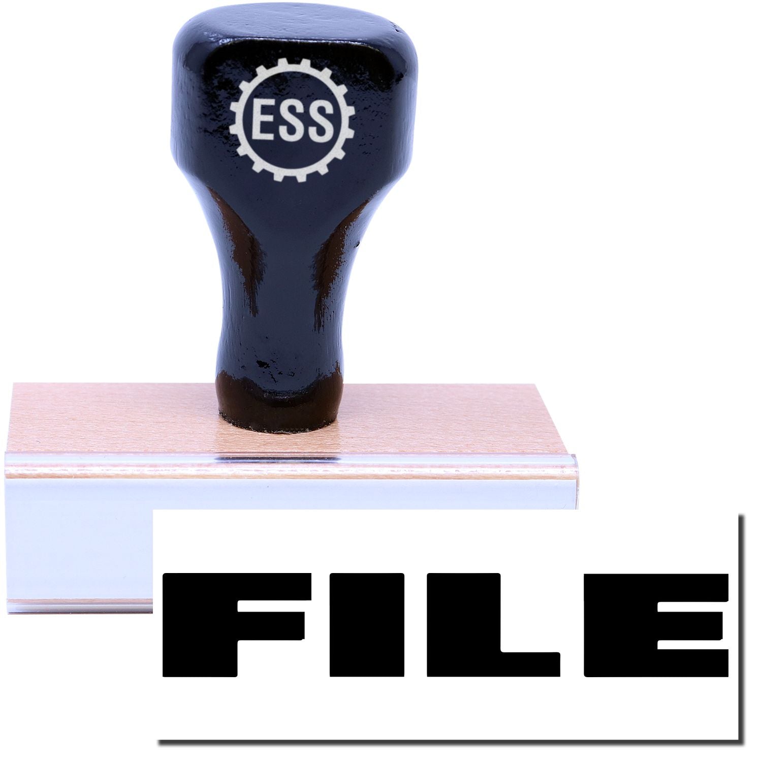 A stock office rubber stamp with a stamped image showing how the text "FILE" in bold font is displayed after stamping.