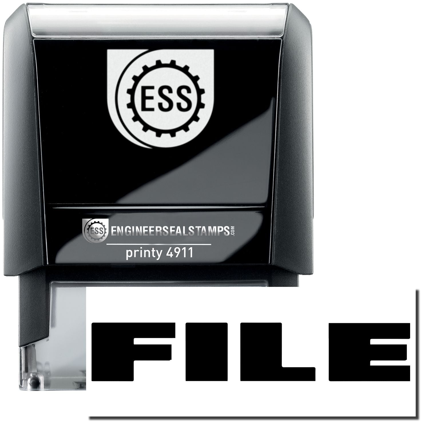 A self-inking stamp with a stamped image showing how the text FILE in bold font is displayed after stamping.