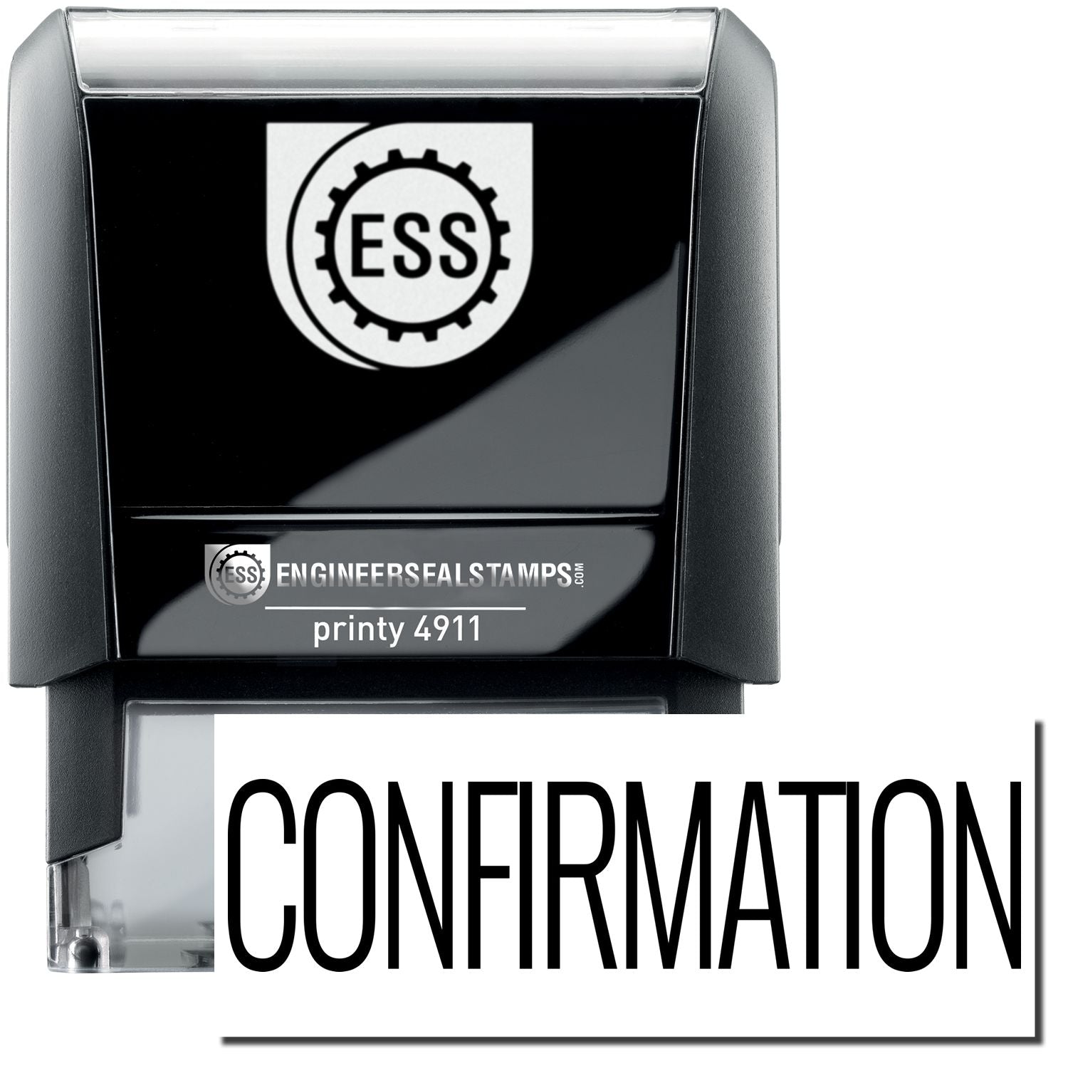 A self-inking stamp with a stamped image showing how the text CONFIRMATION is displayed after stamping.