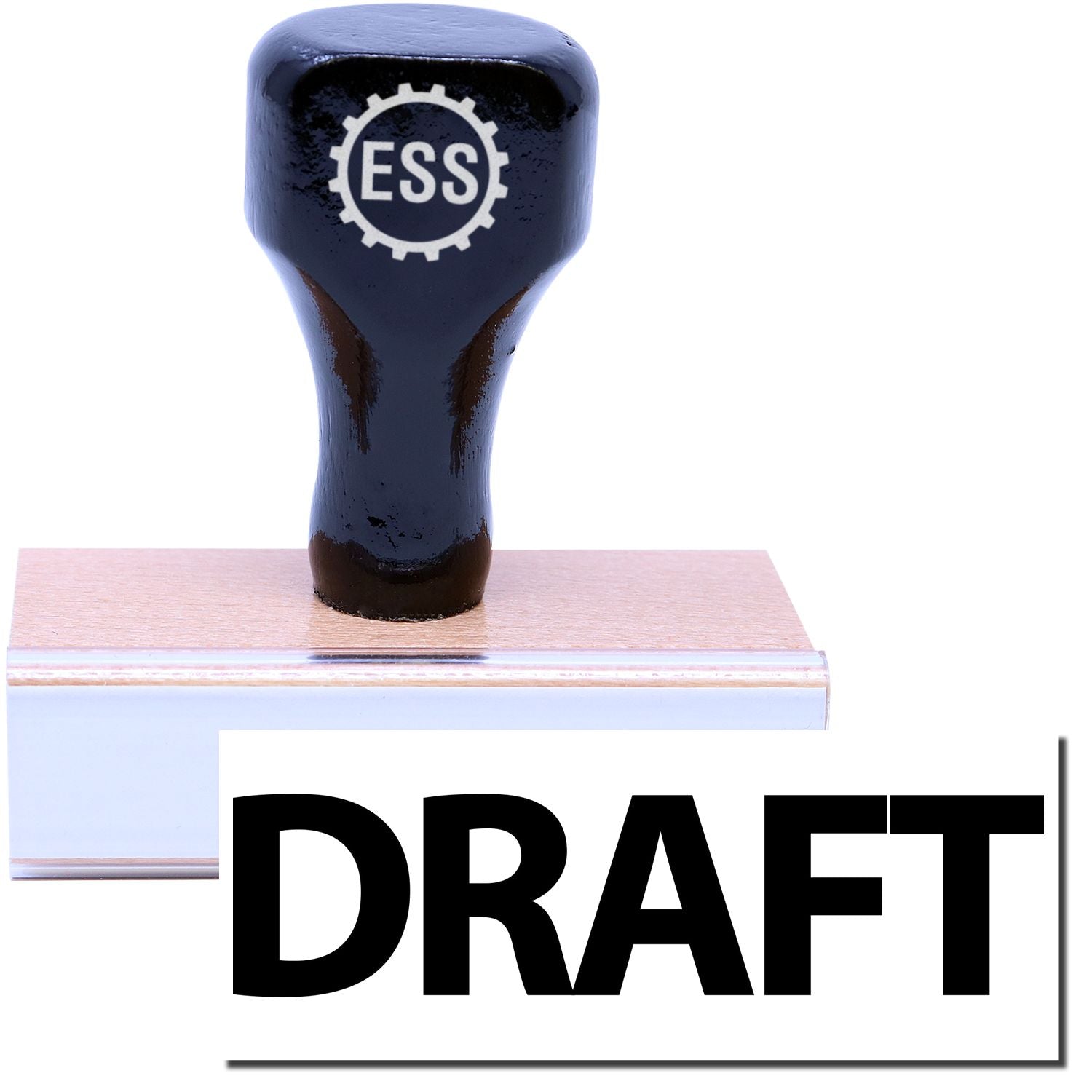 A stock office rubber stamp with a stamped image showing how the text DRAFT in bold font is displayed after stamping.