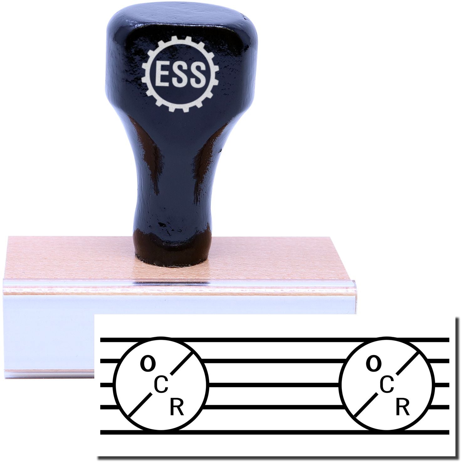 A stock office rubber stamp with a stamped image showing how the text OCR in a bold hue with extra design elements like lines and circles is displayed two times after stamping.