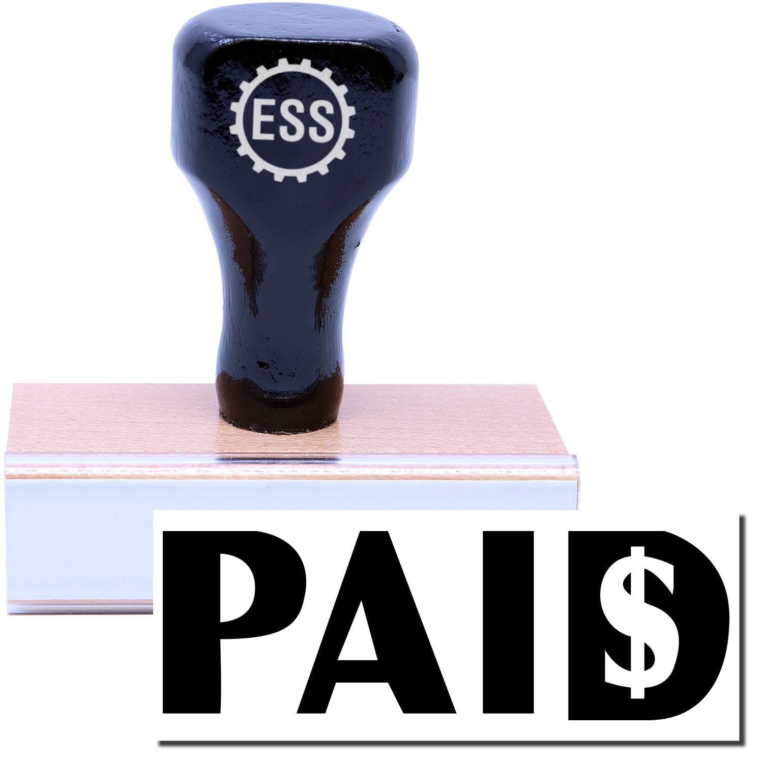 A stock office rubber stamp with a stamped image showing how the text PAID in bold font with a dollar sign inside the alphabet D is displayed after stamping.