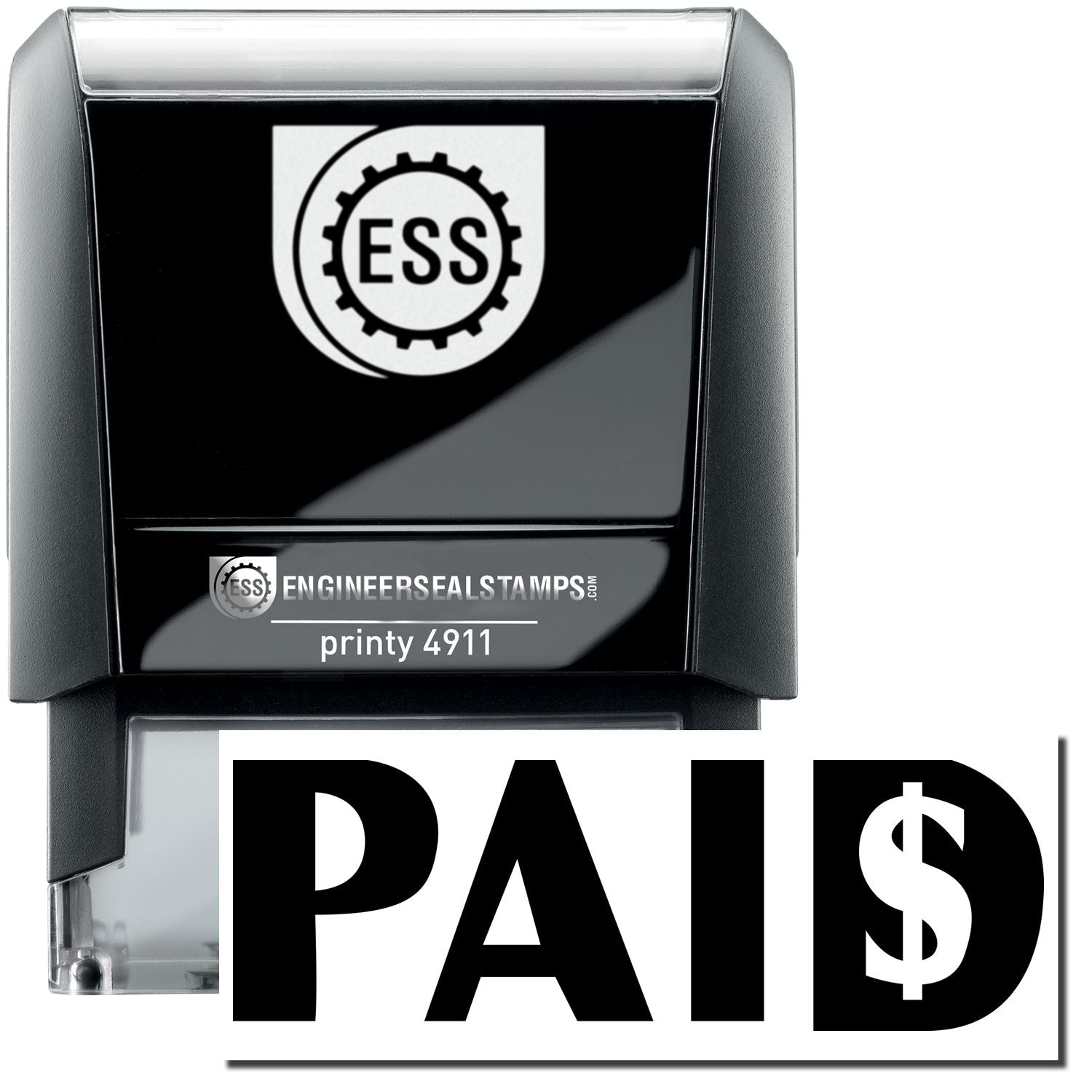 A self-inking stamp with a stamped image showing how the text PAID in bold font with a dollar sign inside the letter D is displayed after stamping.