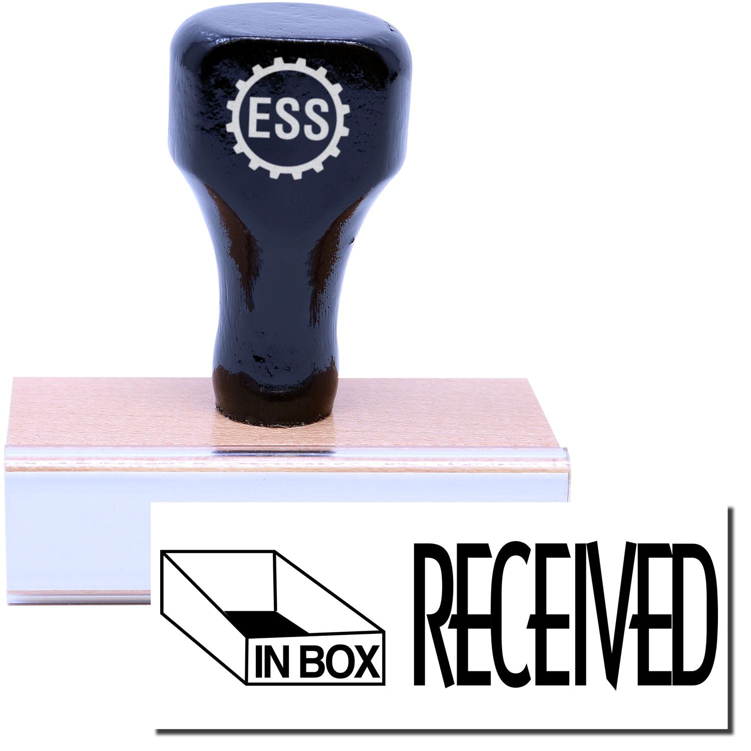 A stock office rubber stamp with a stamped image showing how the text RECEIVED with a small graphic of an office inbox on the left side is displayed after stamping.