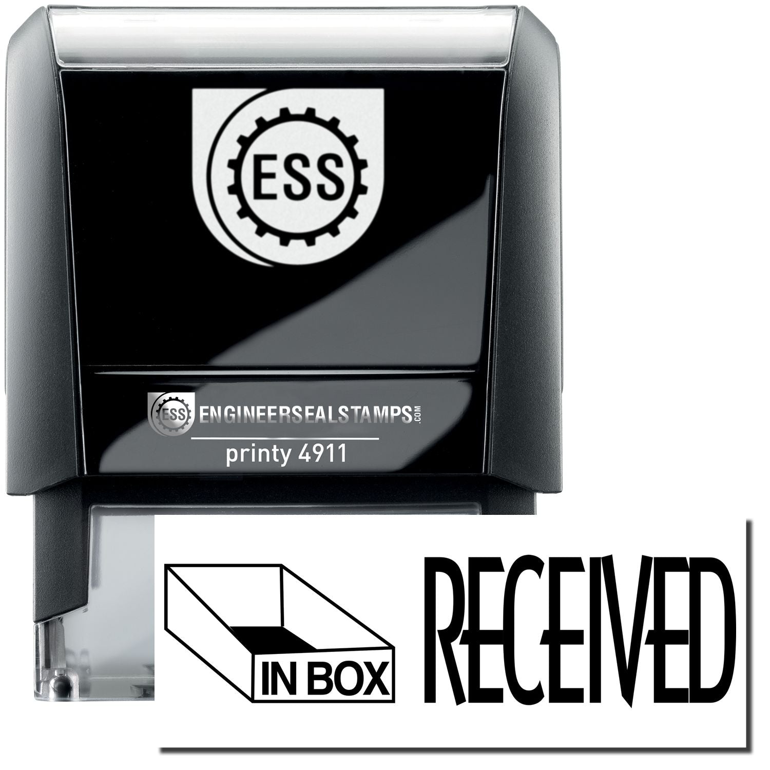 Self Inking Received with Inbox Icon Stamp by ESS, featuring a black and white design with IN BOX and RECEIVED text.