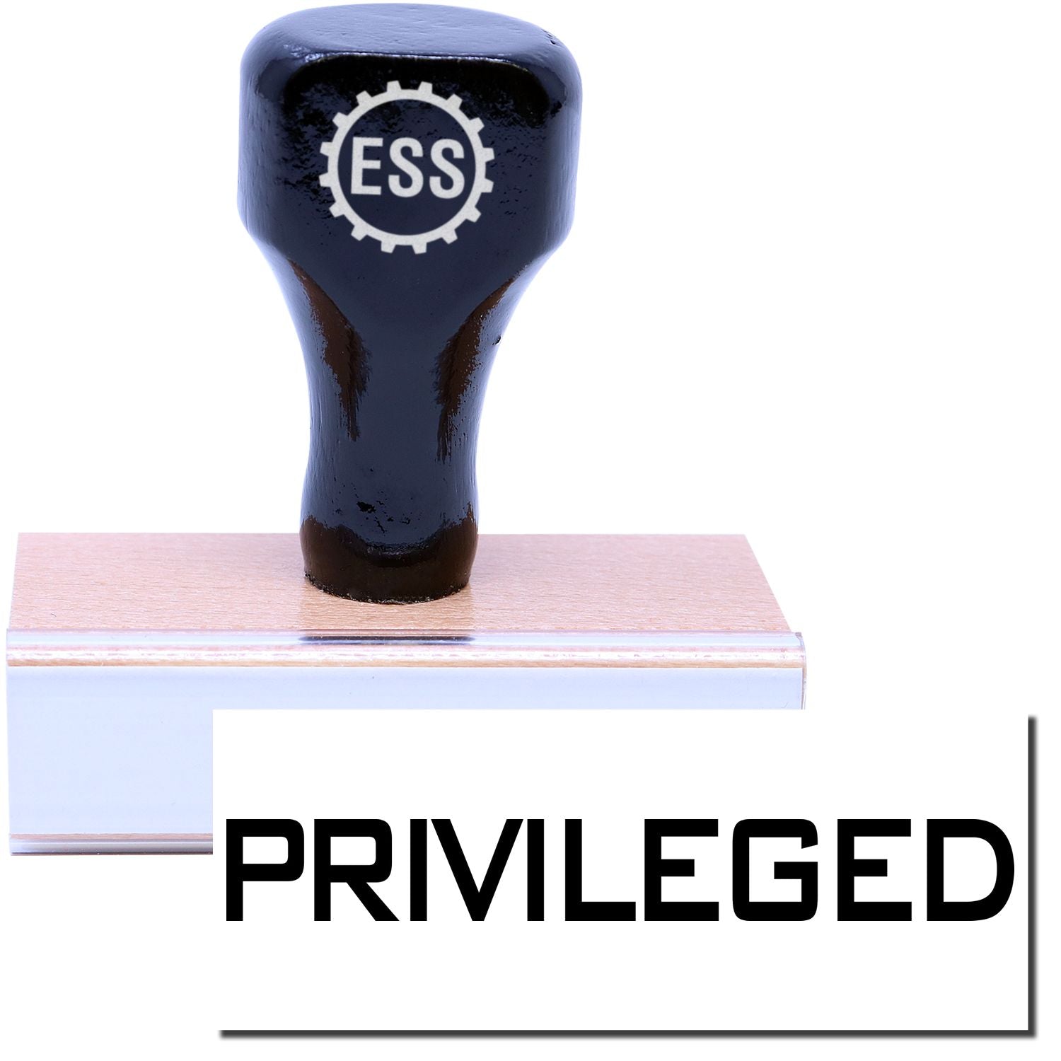 A stock office rubber stamp with a stamped image showing how the text PRIVILEGED is displayed after stamping.