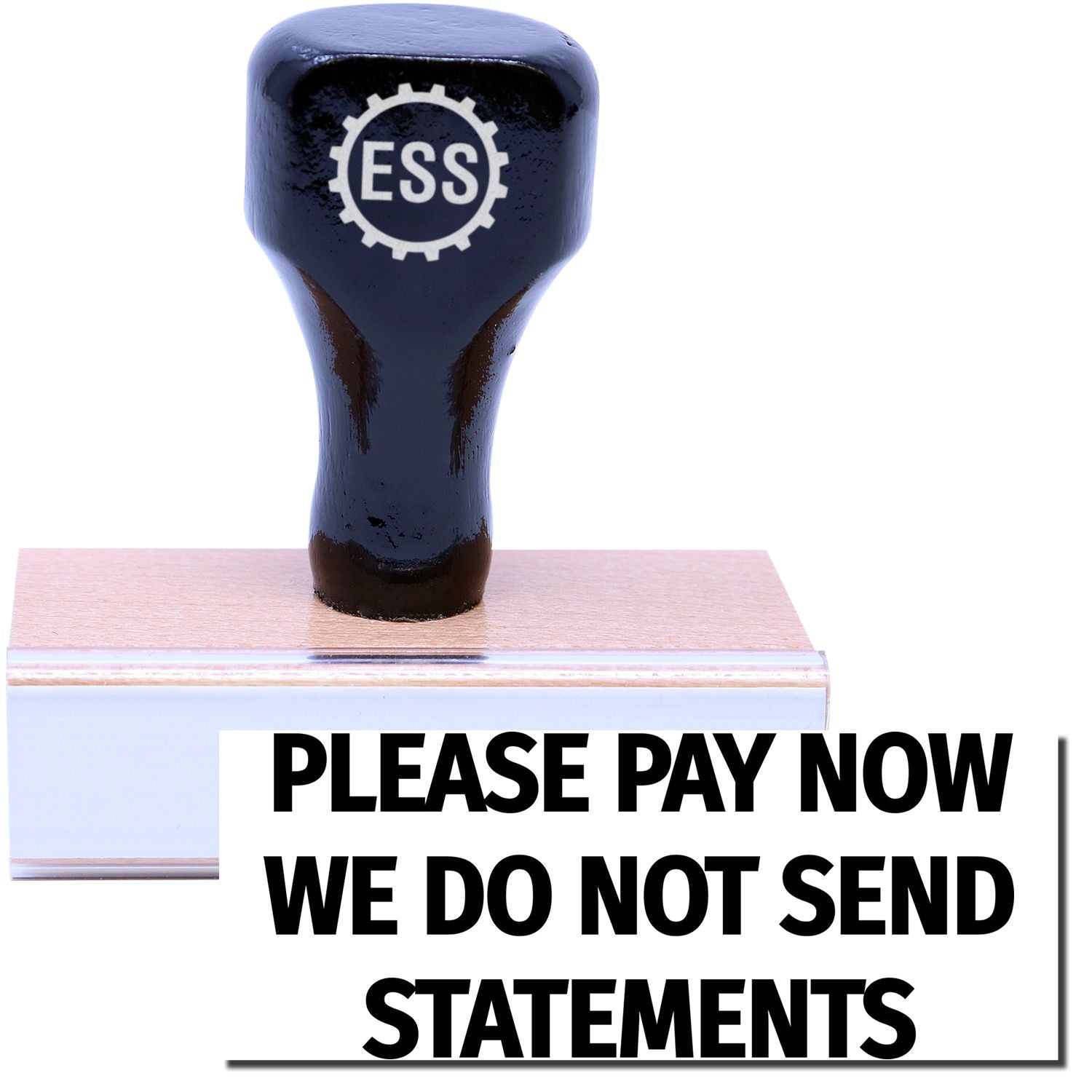 A stock office rubber stamp with a stamped image showing how the texts PLEASE PAY NOW and WE DO NOT SEND STATEMENTS are displayed after stamping.