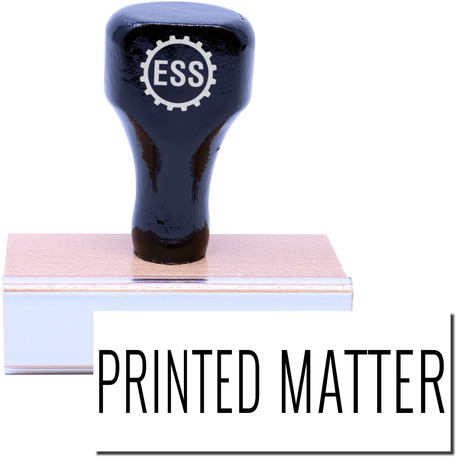 A stock office rubber stamp with a stamped image showing how the text PRINTED MATTER is displayed after stamping.