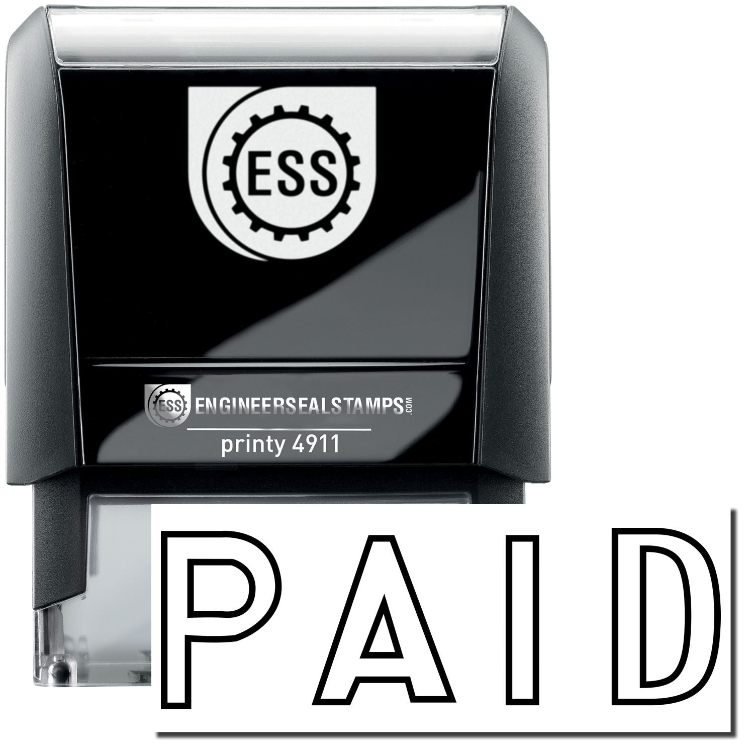 Self Inking Outline Paid Stamp with a black handle, clear base, and the word PAID in bold outline font displayed below the stamp.