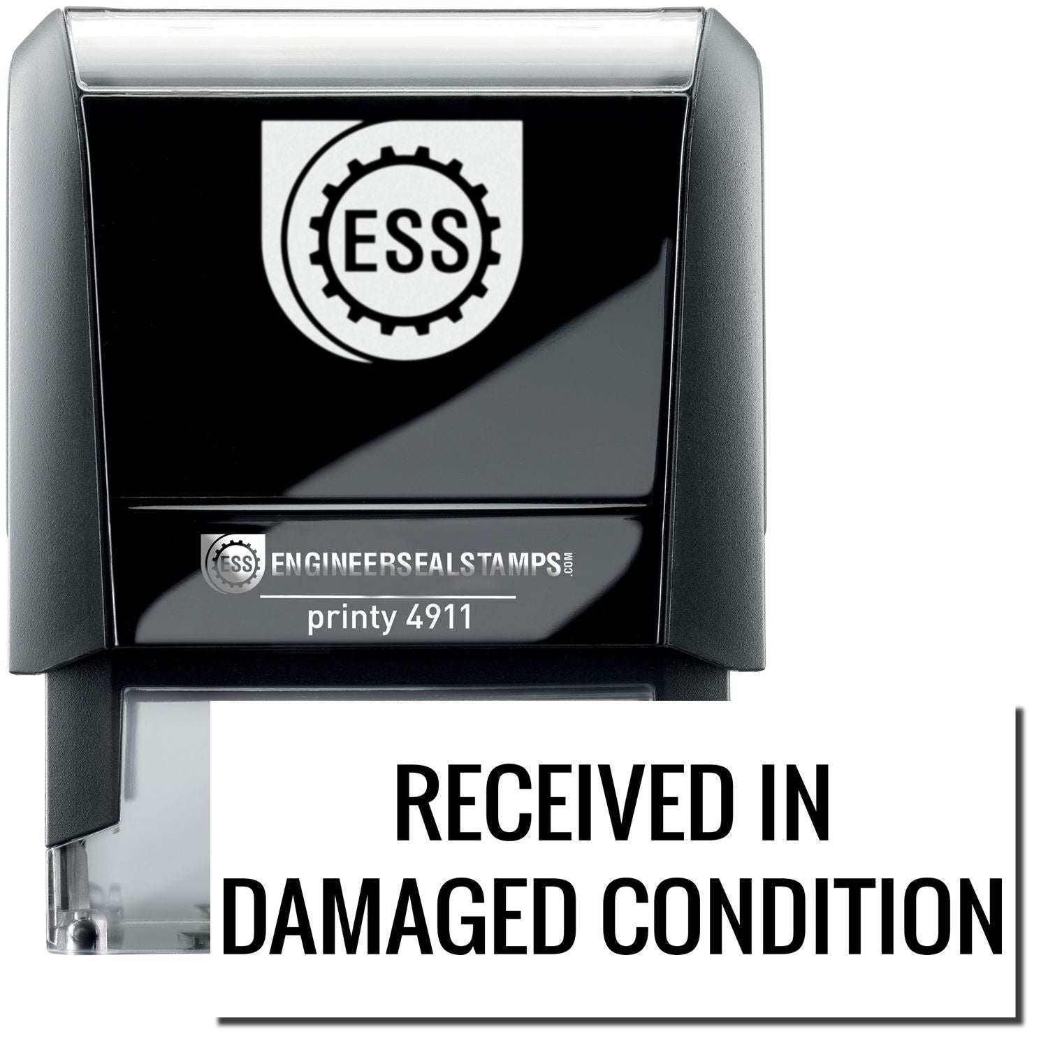 Self Inking Received in Damaged Condition Stamp with black casing and clear base, featuring the ESS logo and text RECEIVED IN DAMAGED CONDITION .