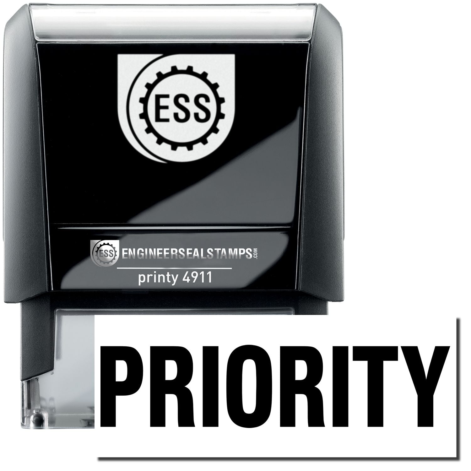 A self-inking stamp with a stamped image showing how the text PRIORITY in bold font is displayed after stamping.