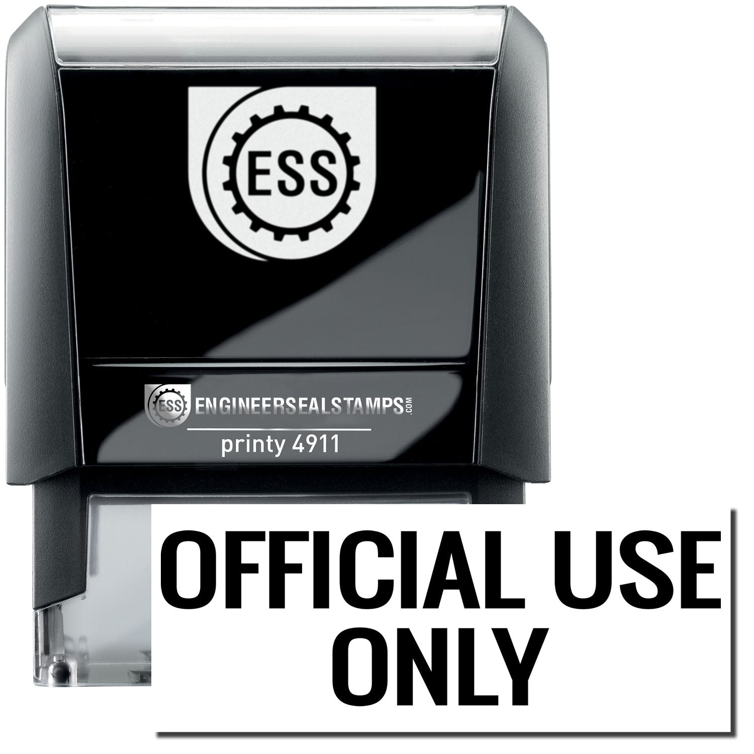 A self-inking stamp with a stamped image showing how the text OFFICIAL USE ONLY is displayed after stamping.