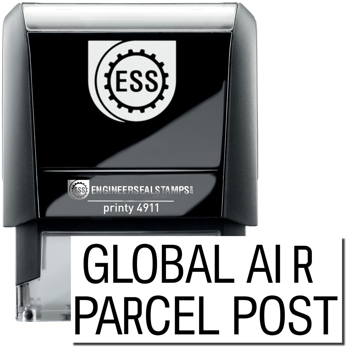 A self-inking stamp with a stamped image showing how the text GLOBAL AIR PARCEL POST is displayed after stamping.