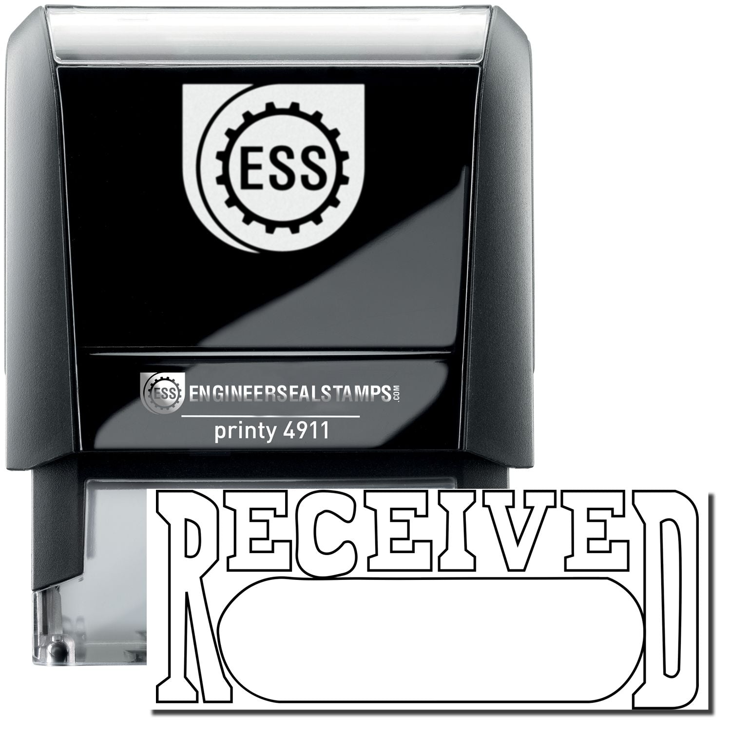 Self Inking Received with Date Box Stamp by ESS, black casing with clear bottom, and RECEIVED text with a blank date box below.