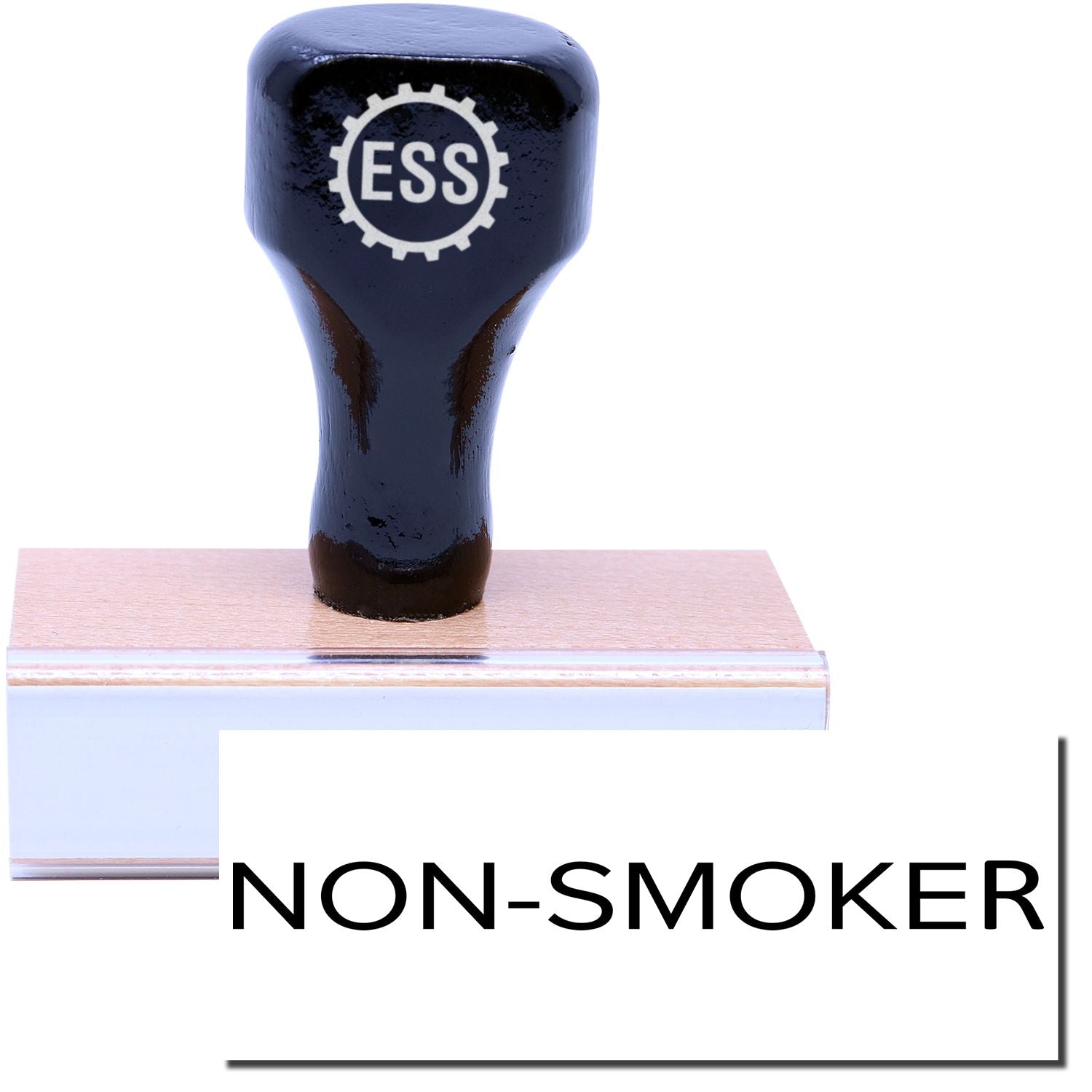 A stock office rubber stamp with a stamped image showing how the text "NON-SMOKER" in a narrow font is displayed after stamping.