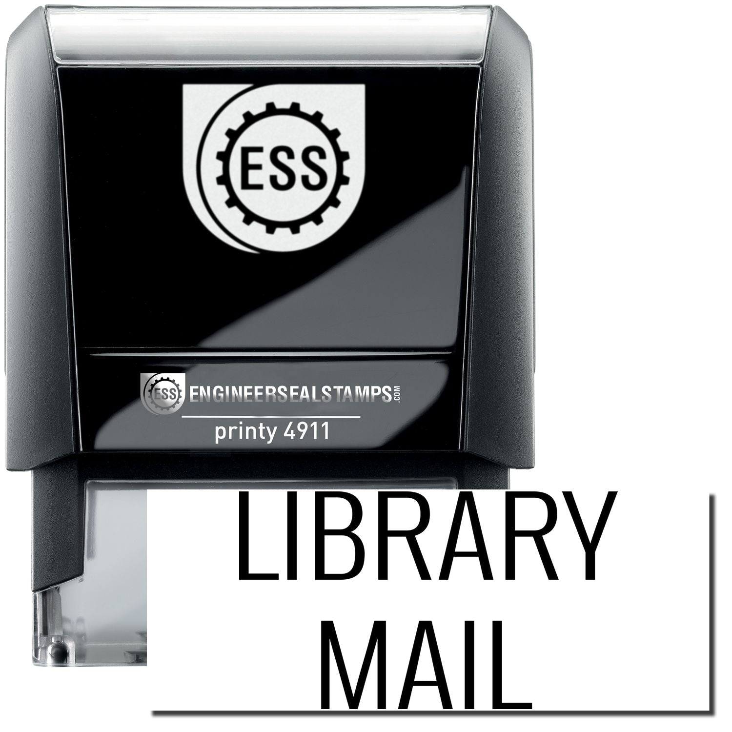 Self Inking Library Mail Stamp with a black and clear design, featuring the ESS logo and the text LIBRARY MAIL in bold letters.