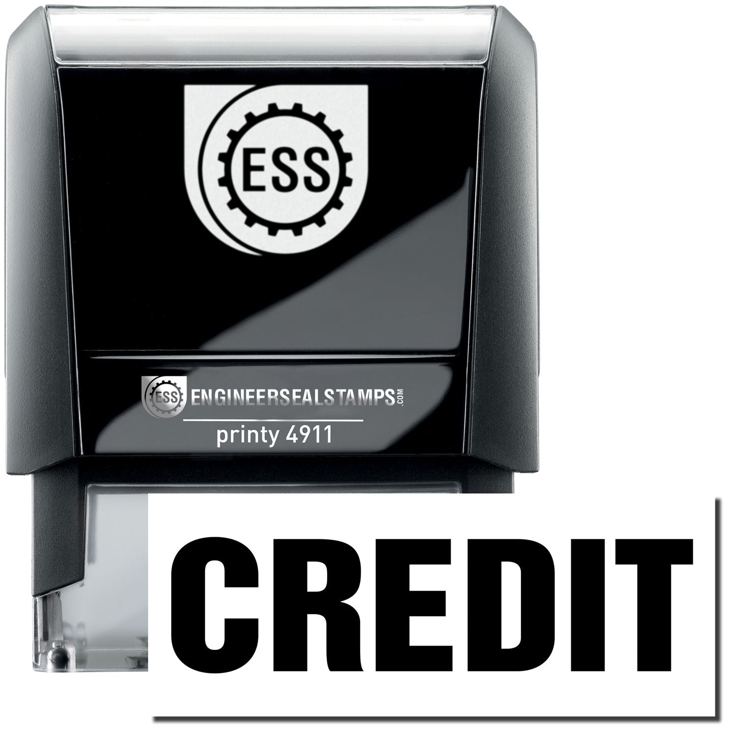 A self-inking stamp with a stamped image showing how the text CREDIT in bold font is displayed after stamping.