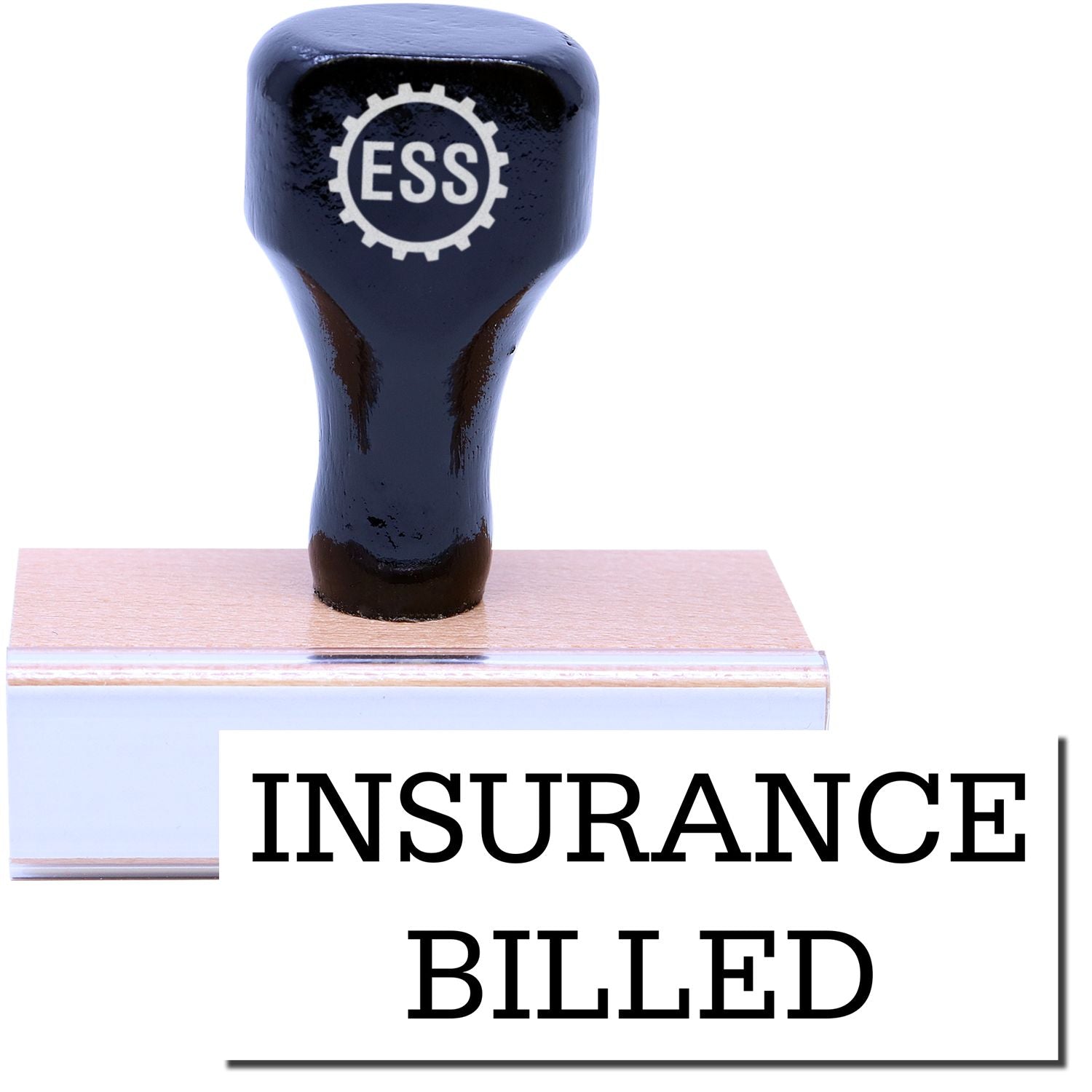 A stock office rubber stamp with a stamped image showing how the text INSURANCE BILLED is displayed after stamping.