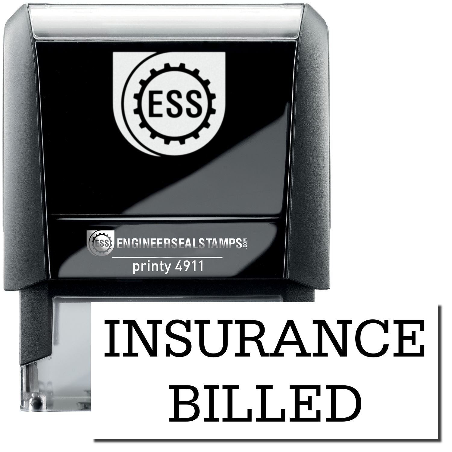 Self Inking Insurance Billed Stamp with black casing and clear base, featuring the text INSURANCE BILLED in bold black letters.