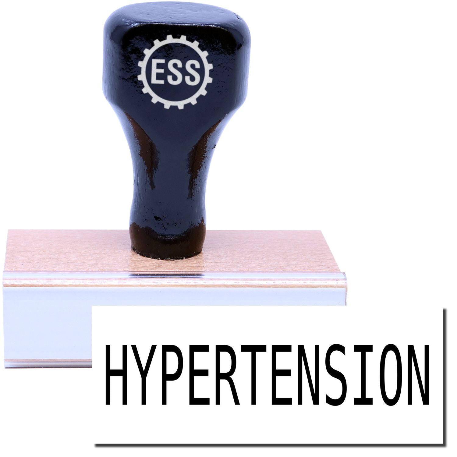 A stock office rubber stamp with a stamped image showing how the text HYPERTENSION is displayed after stamping.