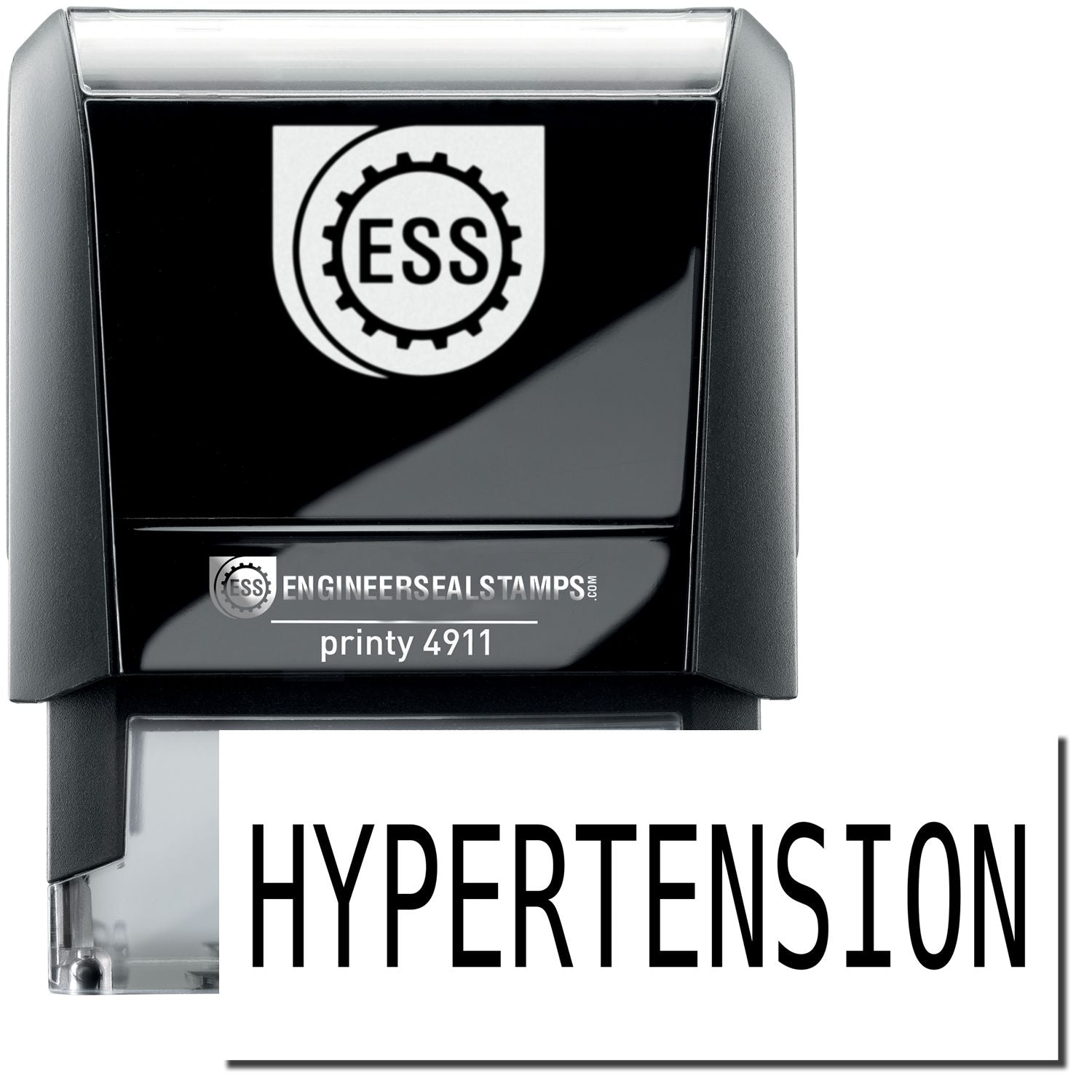 A self-inking stamp with a stamped image showing how the text HYPERTENSION is displayed after stamping.