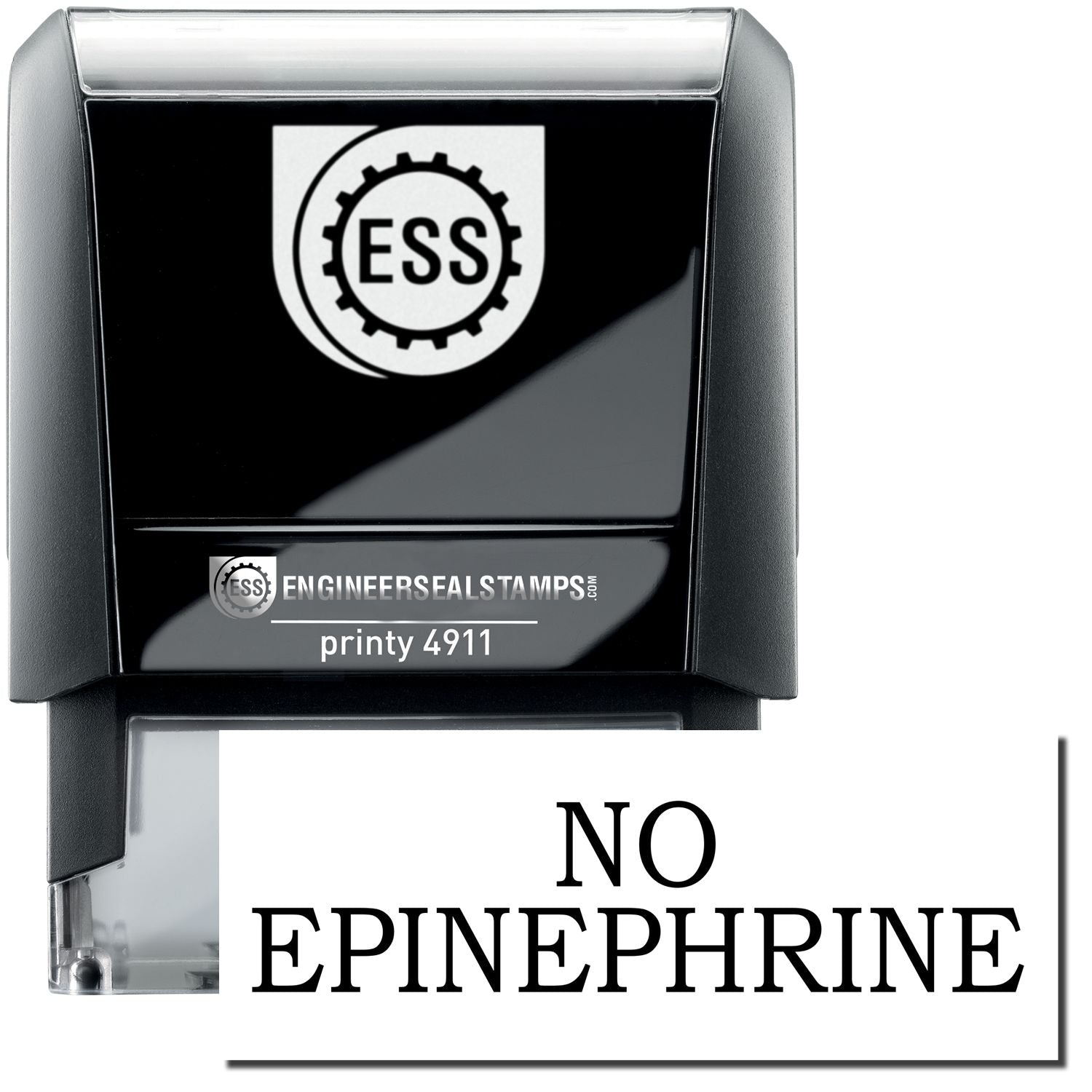 Self Inking No Epinephrine Stamp with a black and white design, featuring the ESS logo and the text NO EPINEPHRINE on the stamp impression.