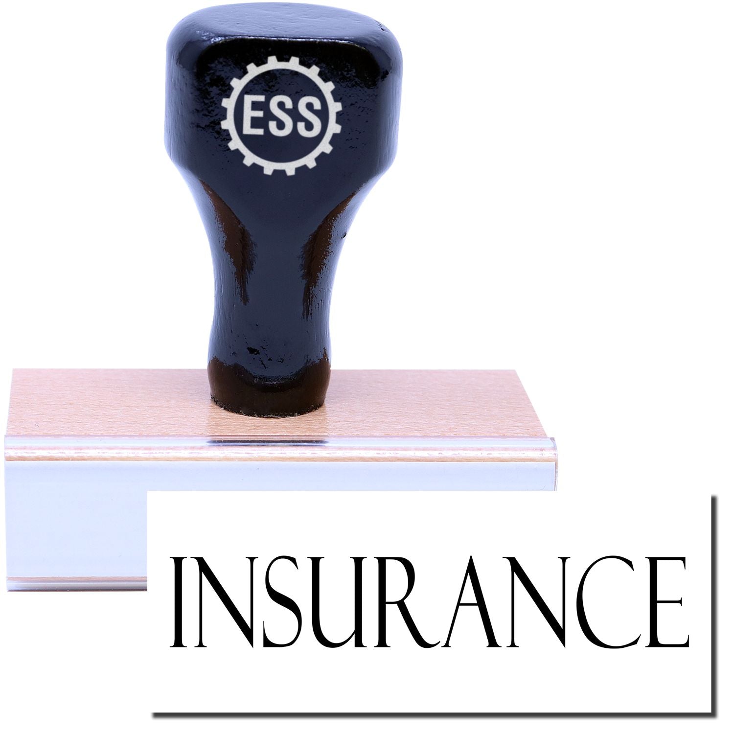 A stock office rubber stamp with a stamped image showing how the text INSURANCE is displayed after stamping.