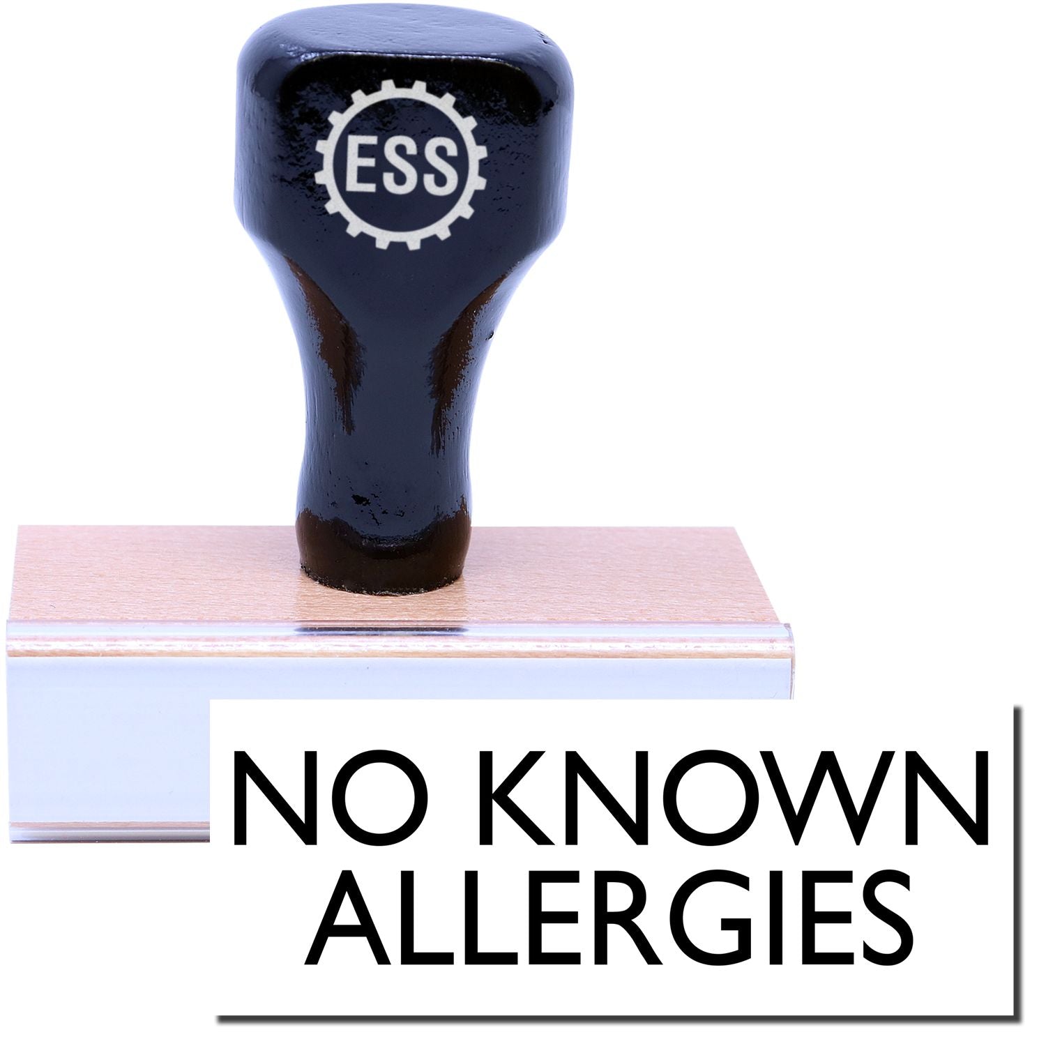 A stock office rubber stamp with a stamped image showing how the text NO KNOWN ALLERGIES is displayed after stamping.