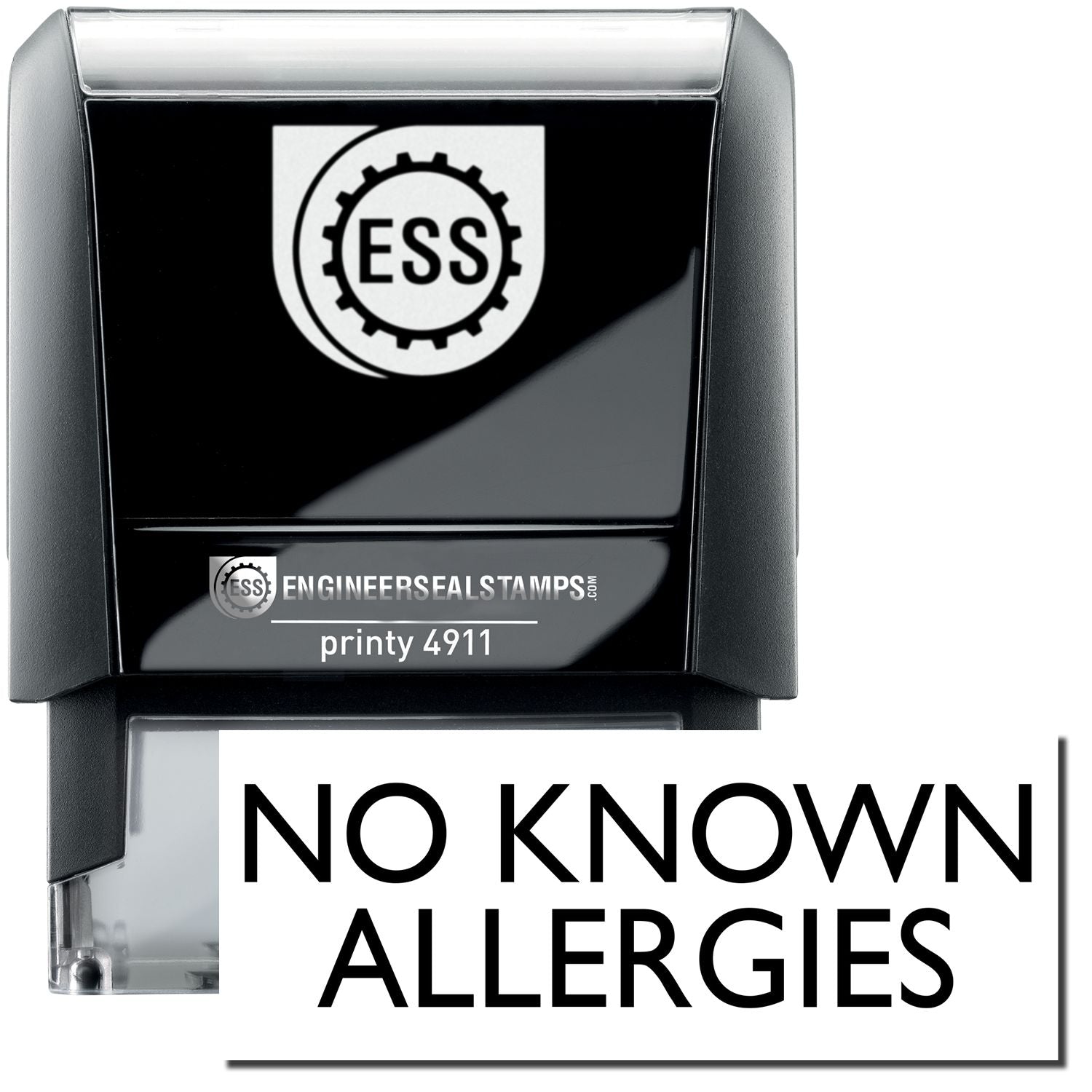 Self Inking No Known Allergies Stamp with a black and white design, featuring the ESS logo and No Known Allergies text.