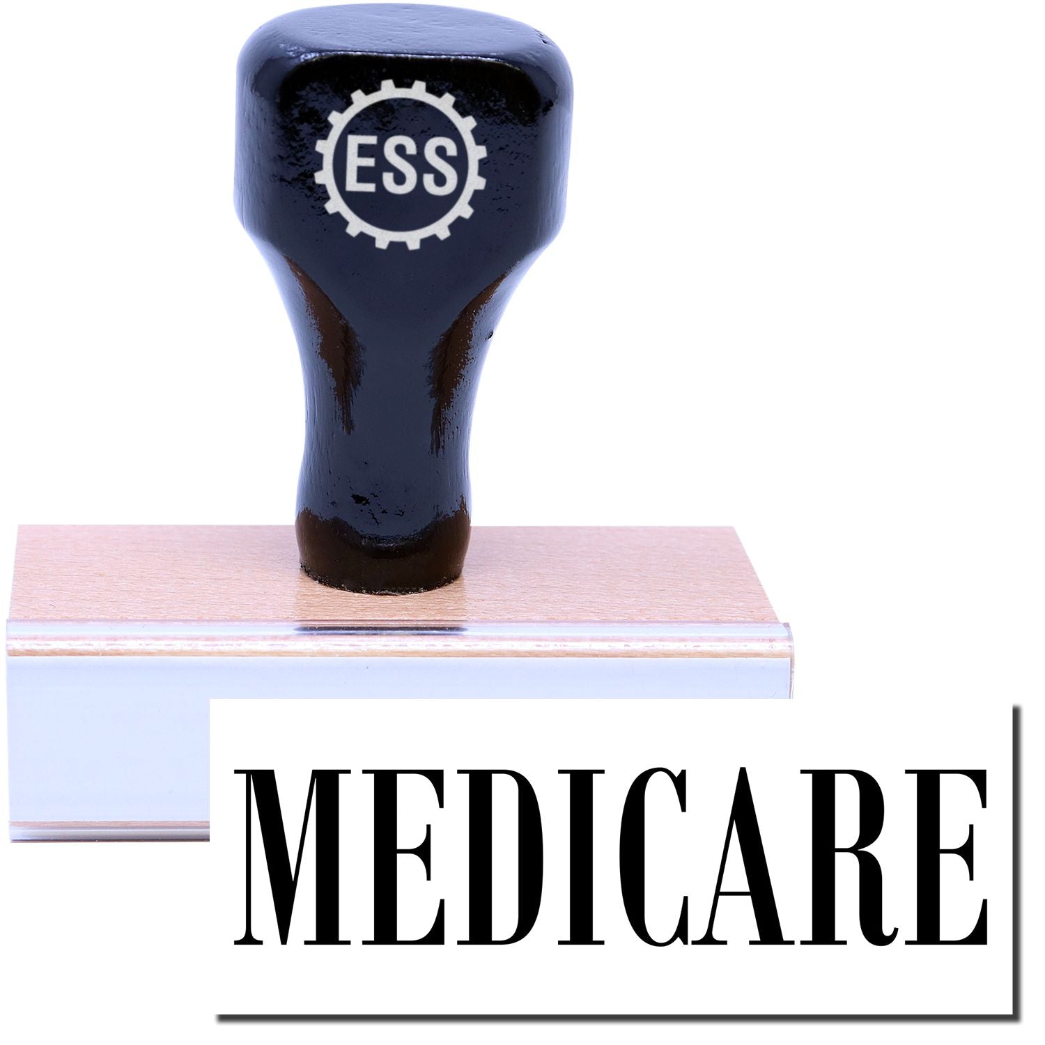 A stock office rubber stamp with a stamped image showing how the text MEDICARE is displayed after stamping.