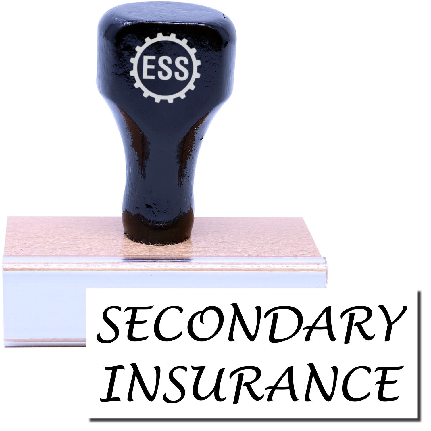 Secondary Insurance rubber stamp with a wooden handle and ESS logo on top, placed next to the text SECONDARY INSURANCE.