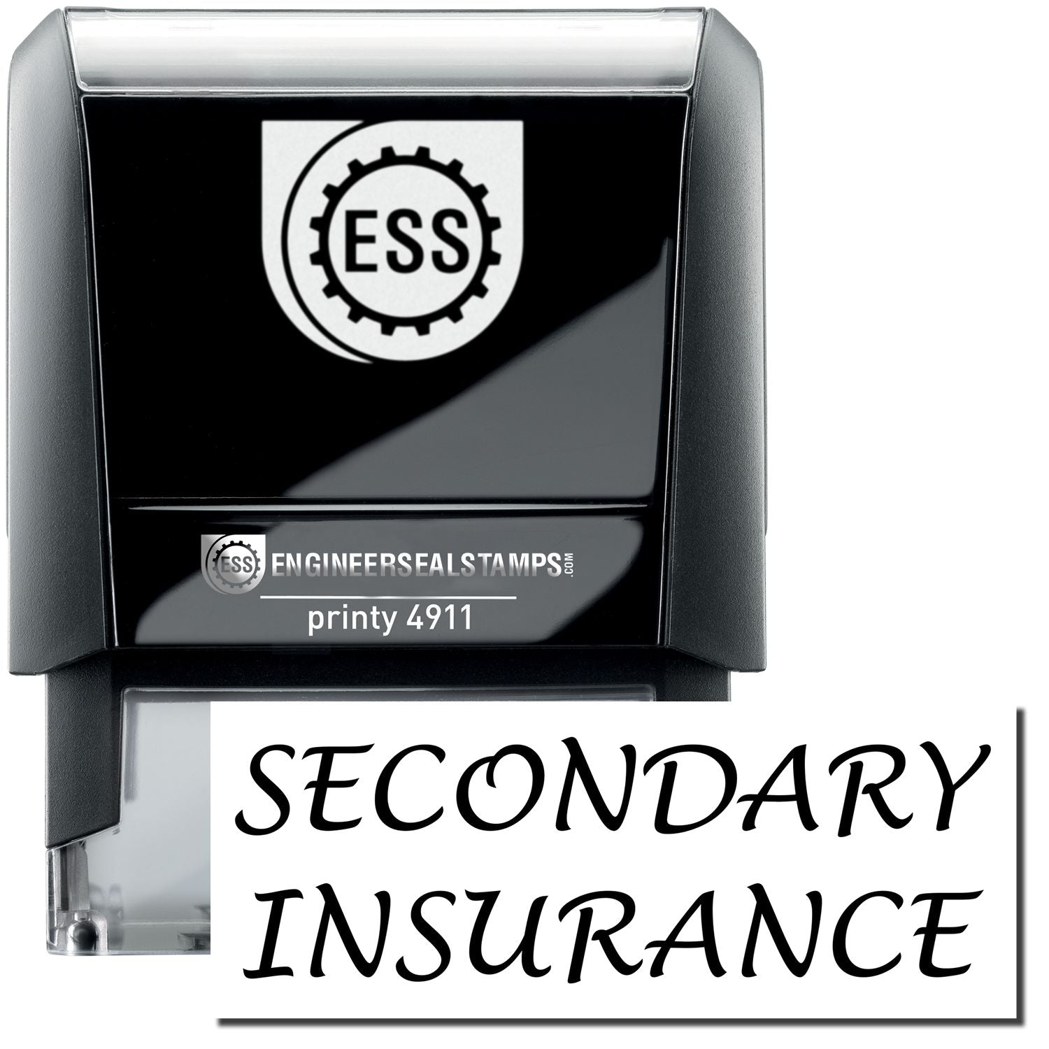 A self-inking stamp with a stamped image showing how the text SECONDARY INSURANCE is displayed after stamping.