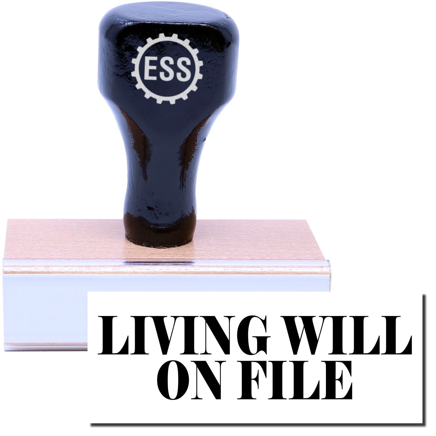 A stock office rubber stamp with a stamped image showing how the text LIVING WILL ON FILE is displayed after stamping.