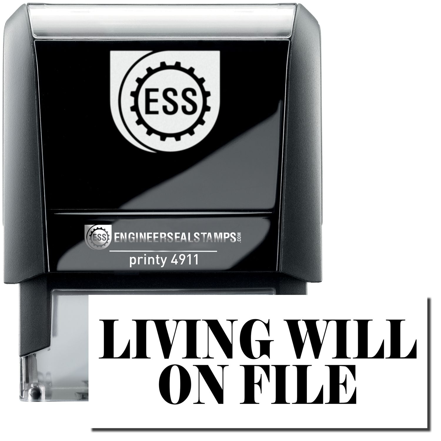 Self Inking Living Will On File Stamp with black casing and clear base, featuring the text LIVING WILL ON FILE in bold letters.