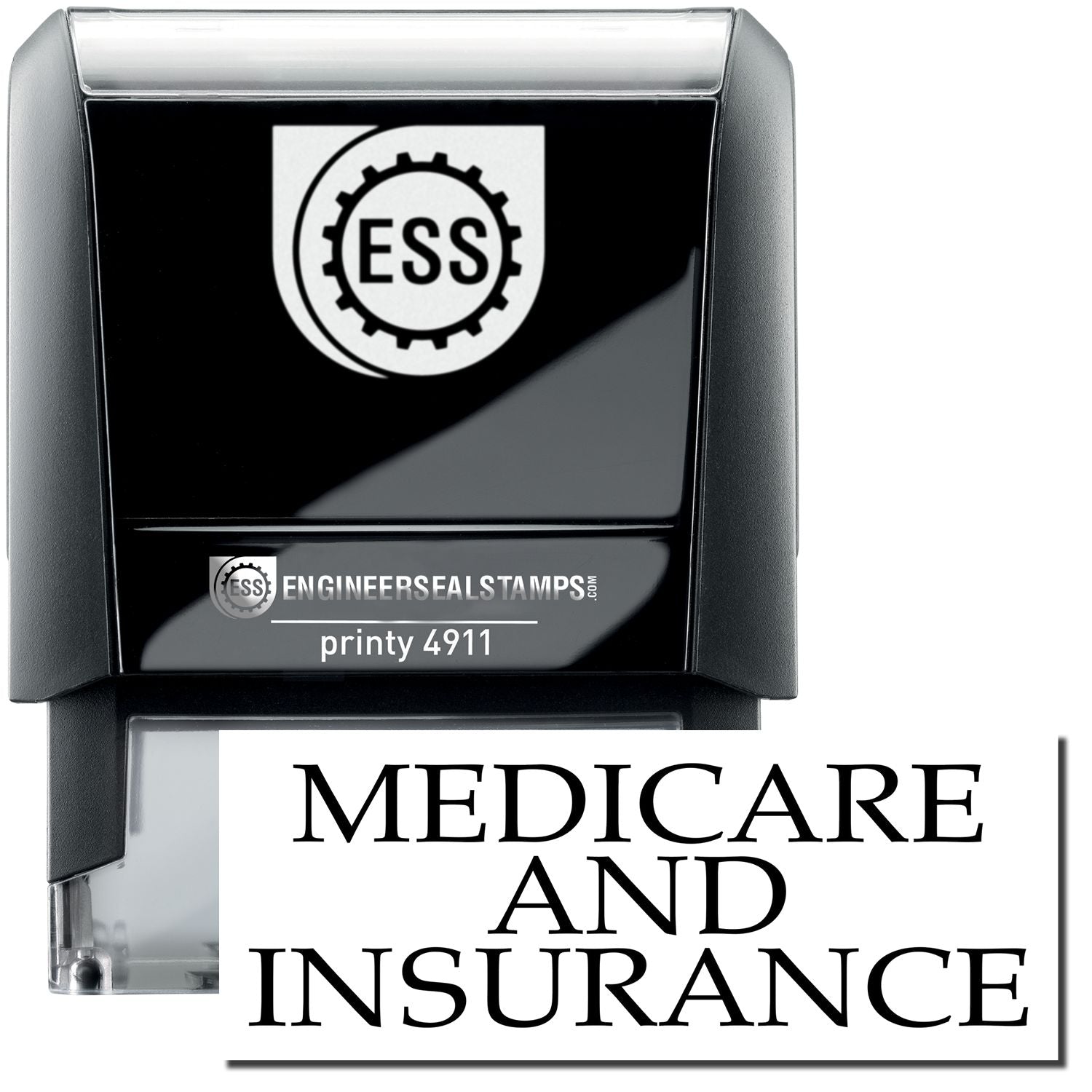 Self Inking Medicare And Insurance Stamp by ESS, featuring a black and white design with the text MEDICARE AND INSURANCE stamped below.