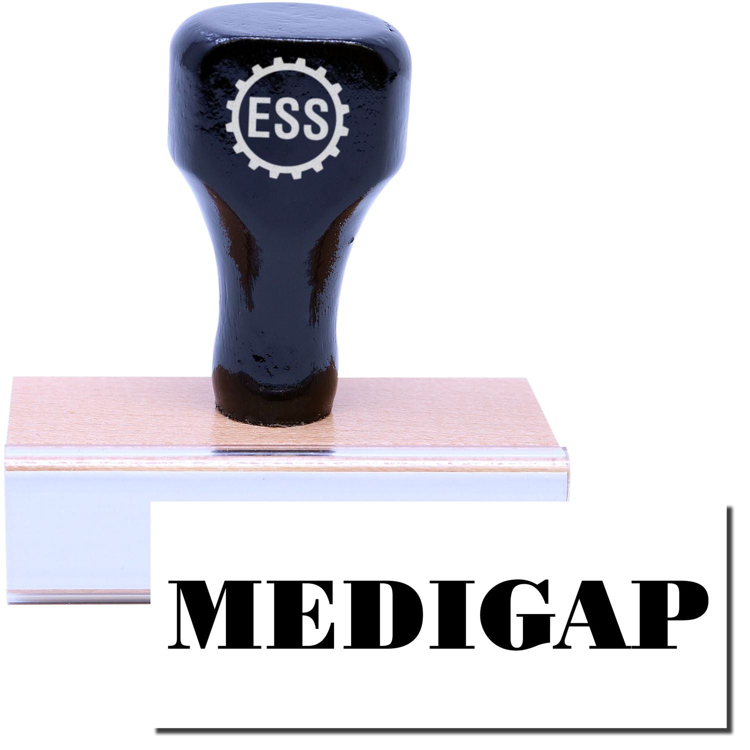 A stock office medical rubber stamp with a stamped image showing how the text MEDIGAP is displayed after stamping.