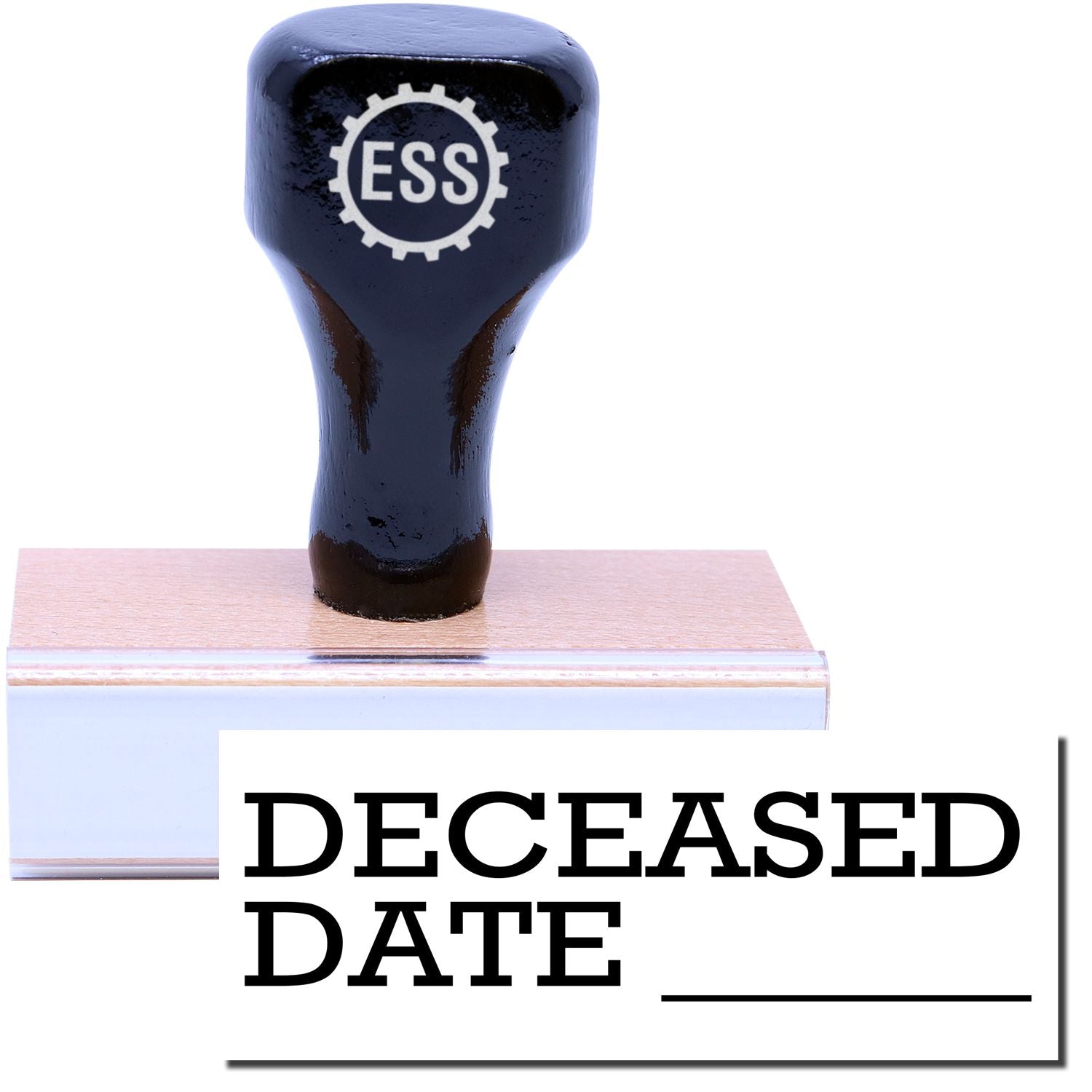 A stock office medical rubber stamp with a stamped image showing how the text DECEASED DATE with a line for writing date is displayed after stamping.