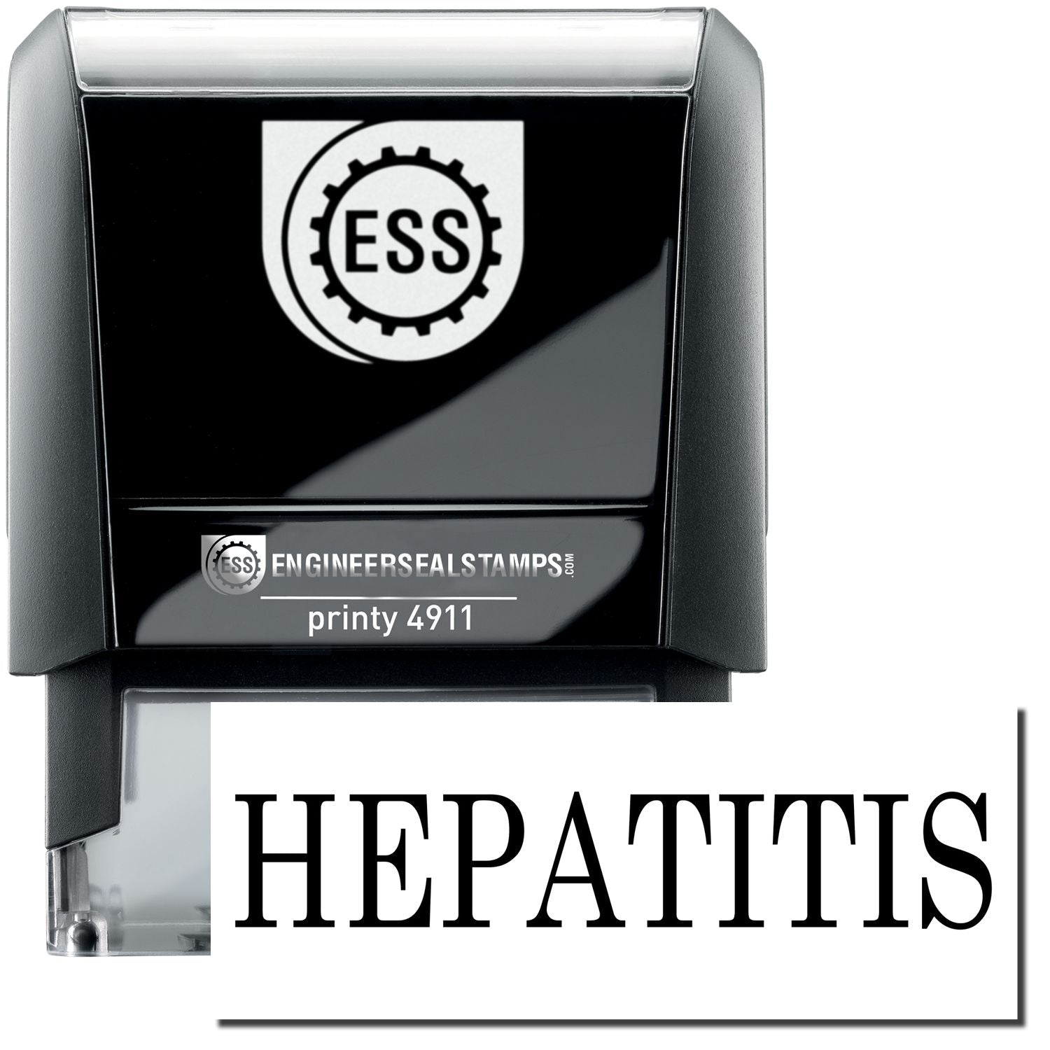 A self-inking stamp with a stamped image showing how the text HEPATITIS is displayed after stamping.