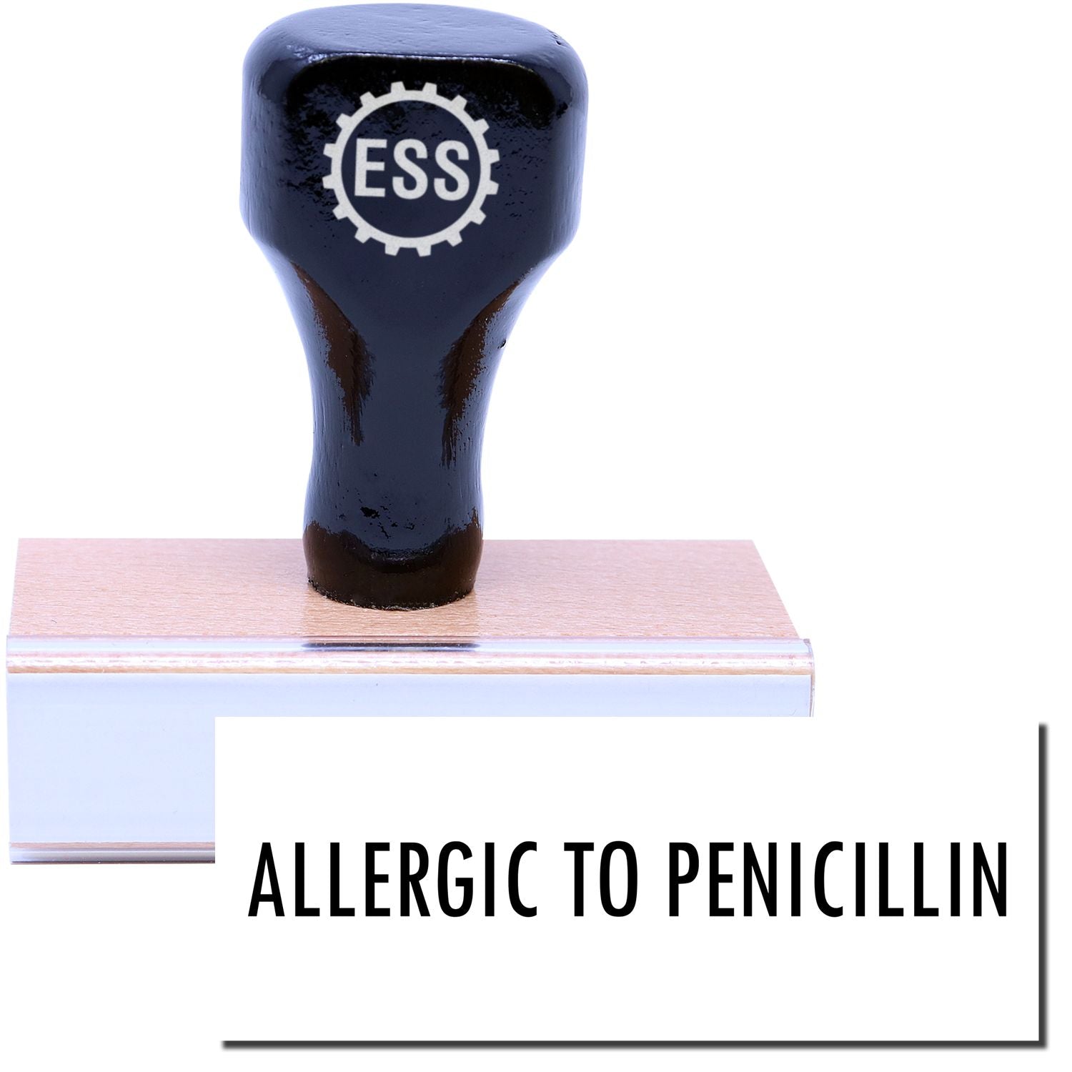 A stock office medical rubber stamp with a stamped image showing how the text "ALLERGIC TO PENICILLIN" is displayed after stamping.