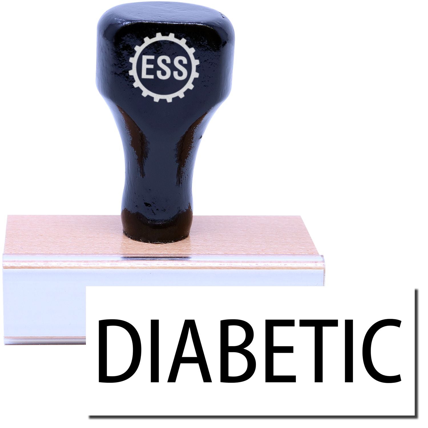 A stock office medical rubber stamp with a stamped image showing how the text DIABETIC is displayed after stamping.