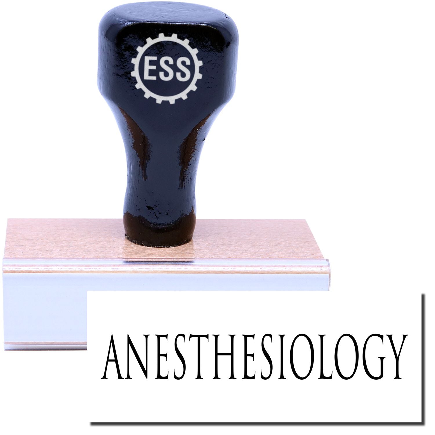 A stock office medical rubber stamp with a stamped image showing how the text ANESTHESIOLOGY is displayed after stamping.